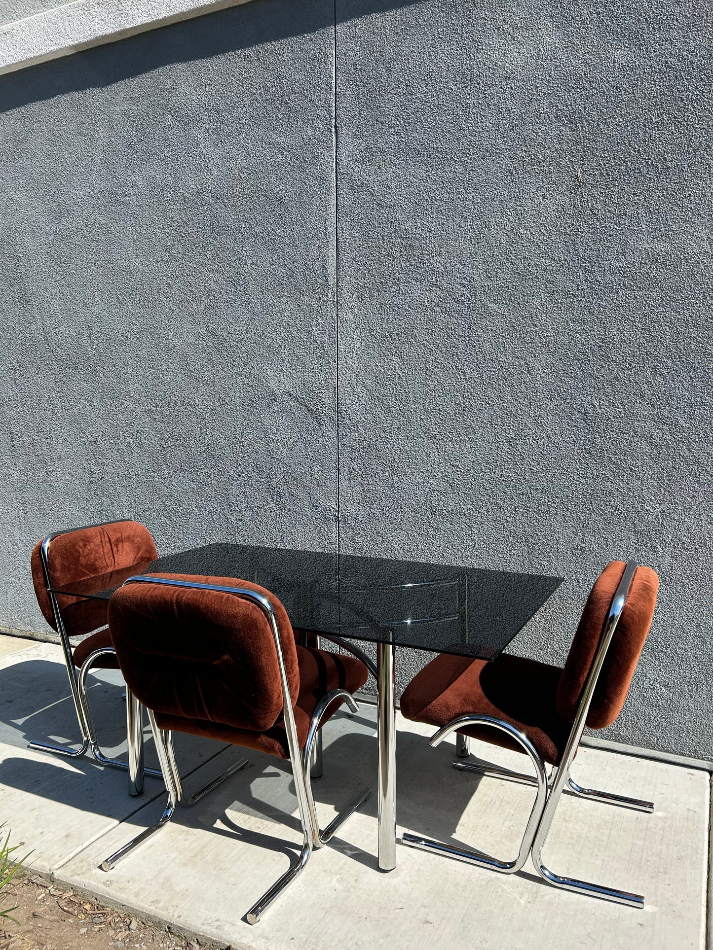 Douglas Tubular Chrome, Velour and Smokey Glass Dining Set by Douglas Furniture, circa 1970s