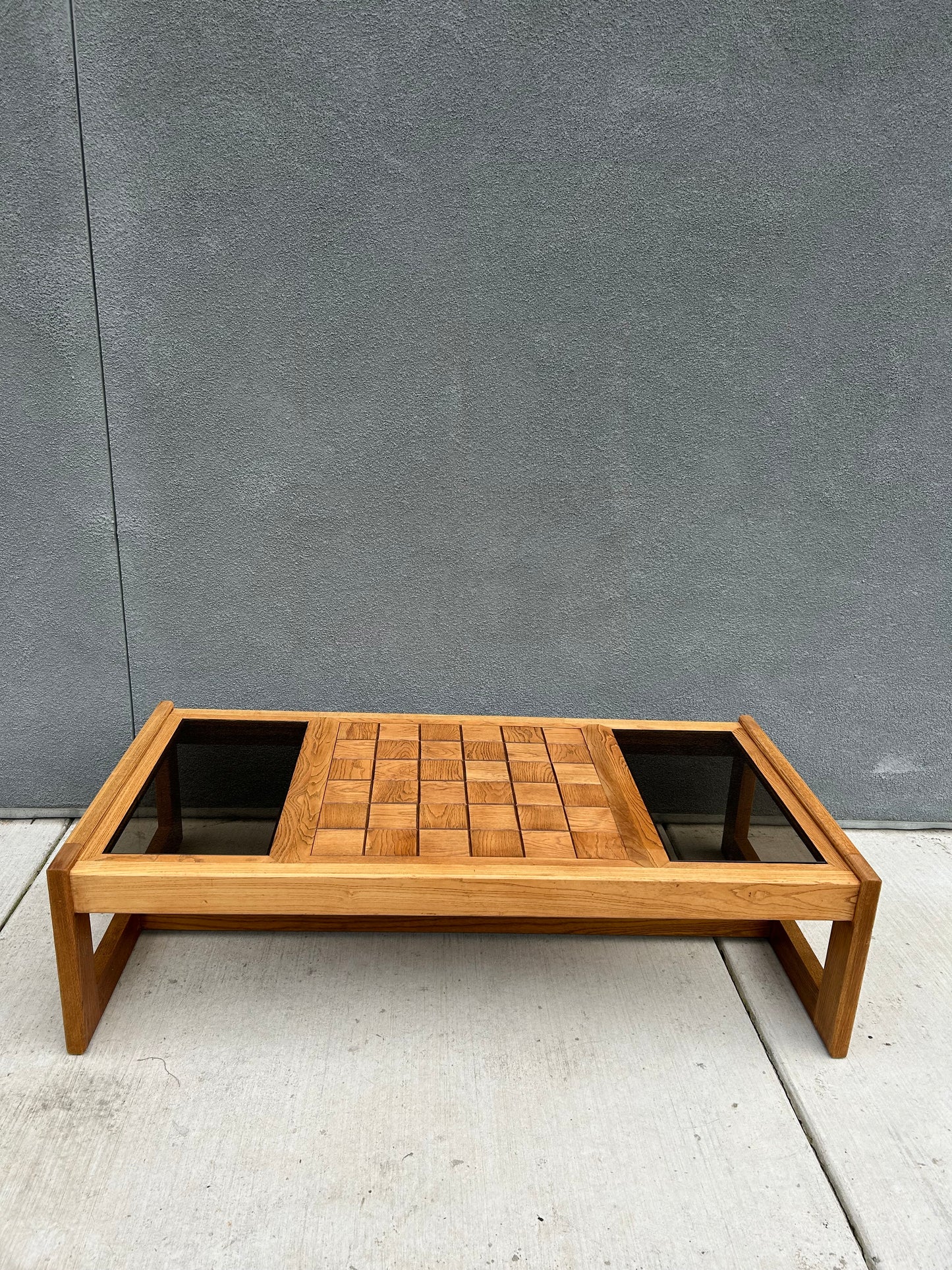 Large Vintage Checkered Oak Coffee Table with Smokey Grey Glass