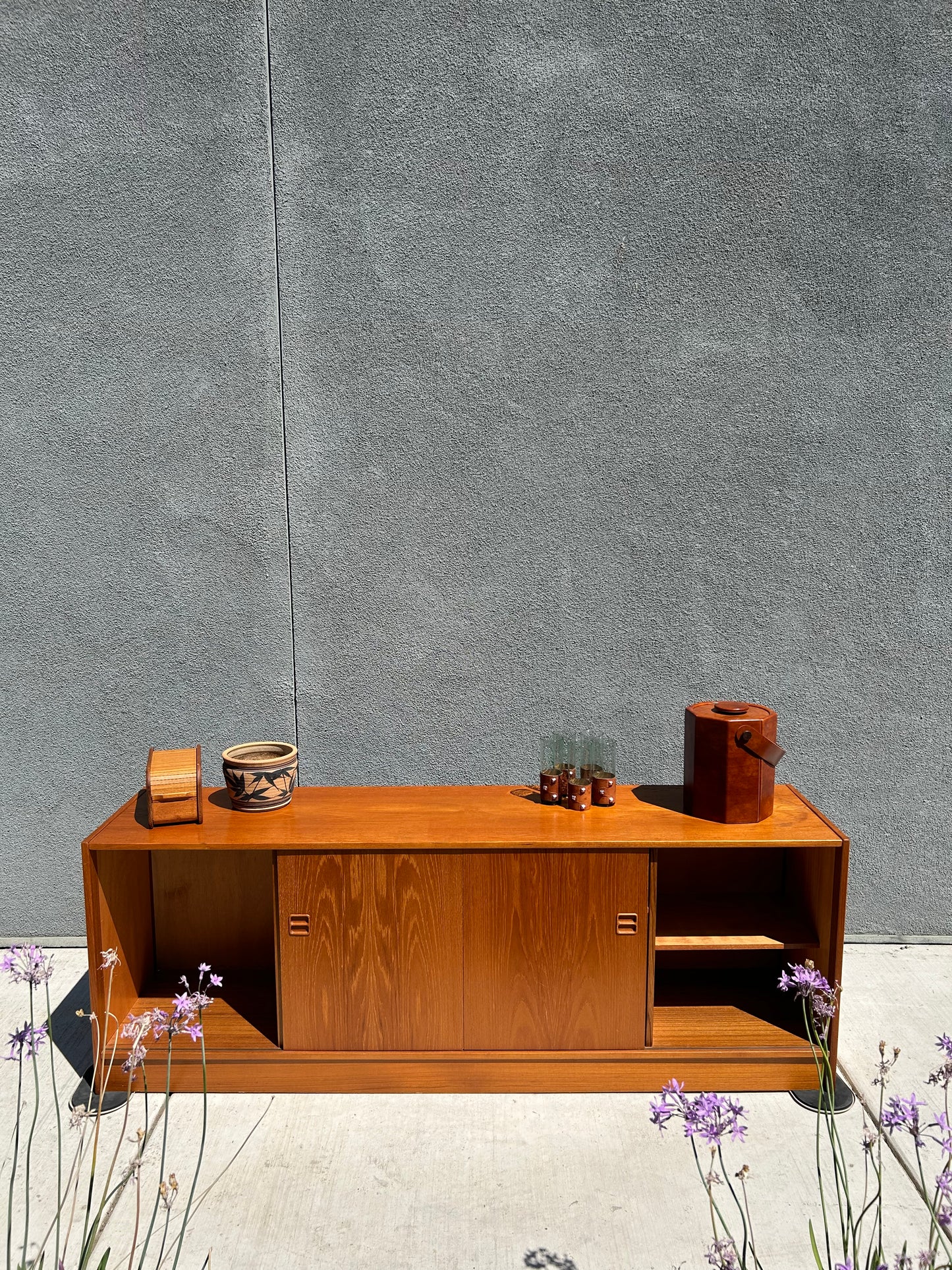 Mid Century Danish Sliding Door Teak Media Sideboard, by Feldballes Mobelfabrik of Denmark, Circa 1970s
