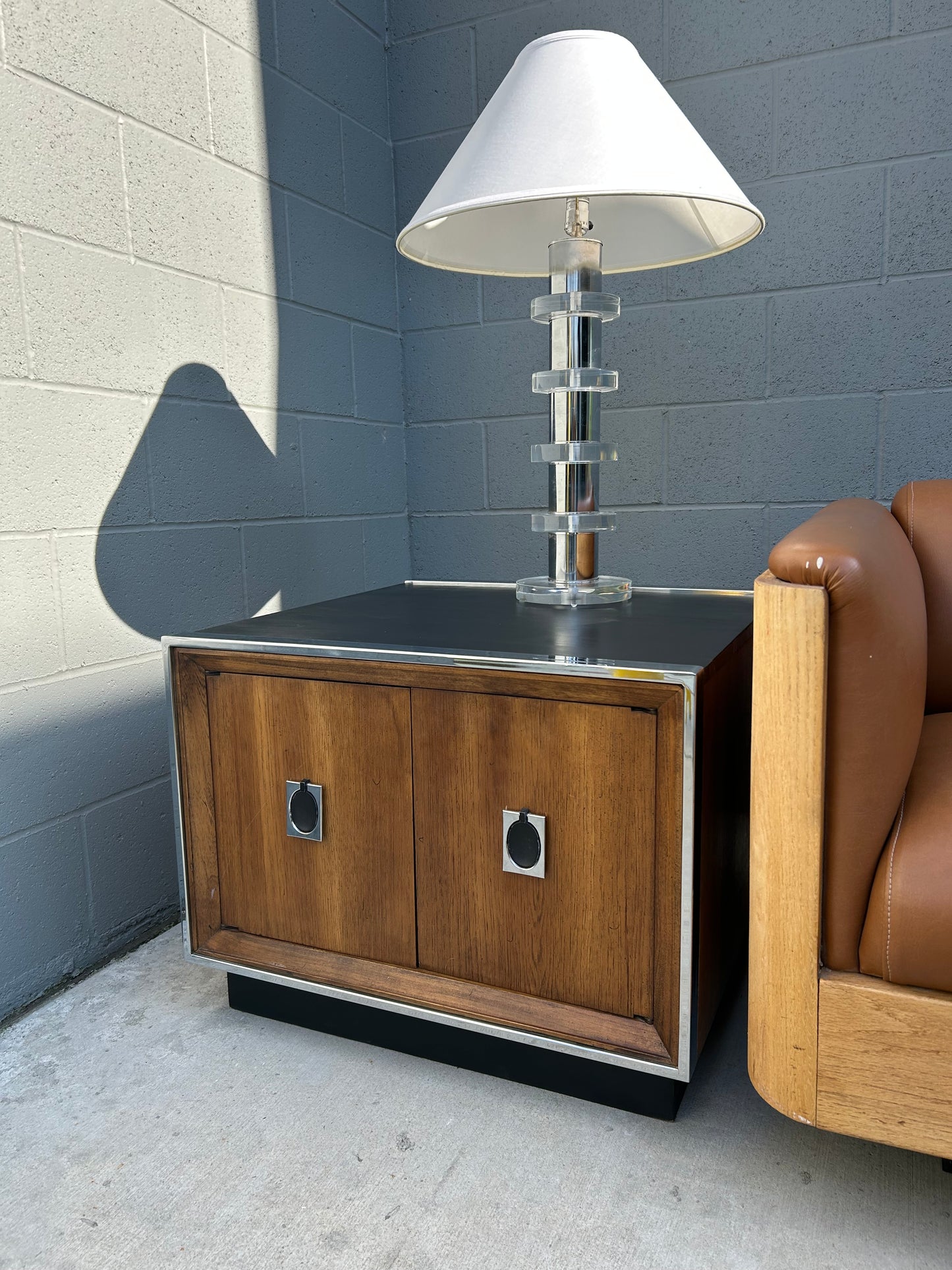 2 Mid Century Modern Lane Plinth Base Walnut and Chrome Cabinet End Tables Side Tables, circa 1960s