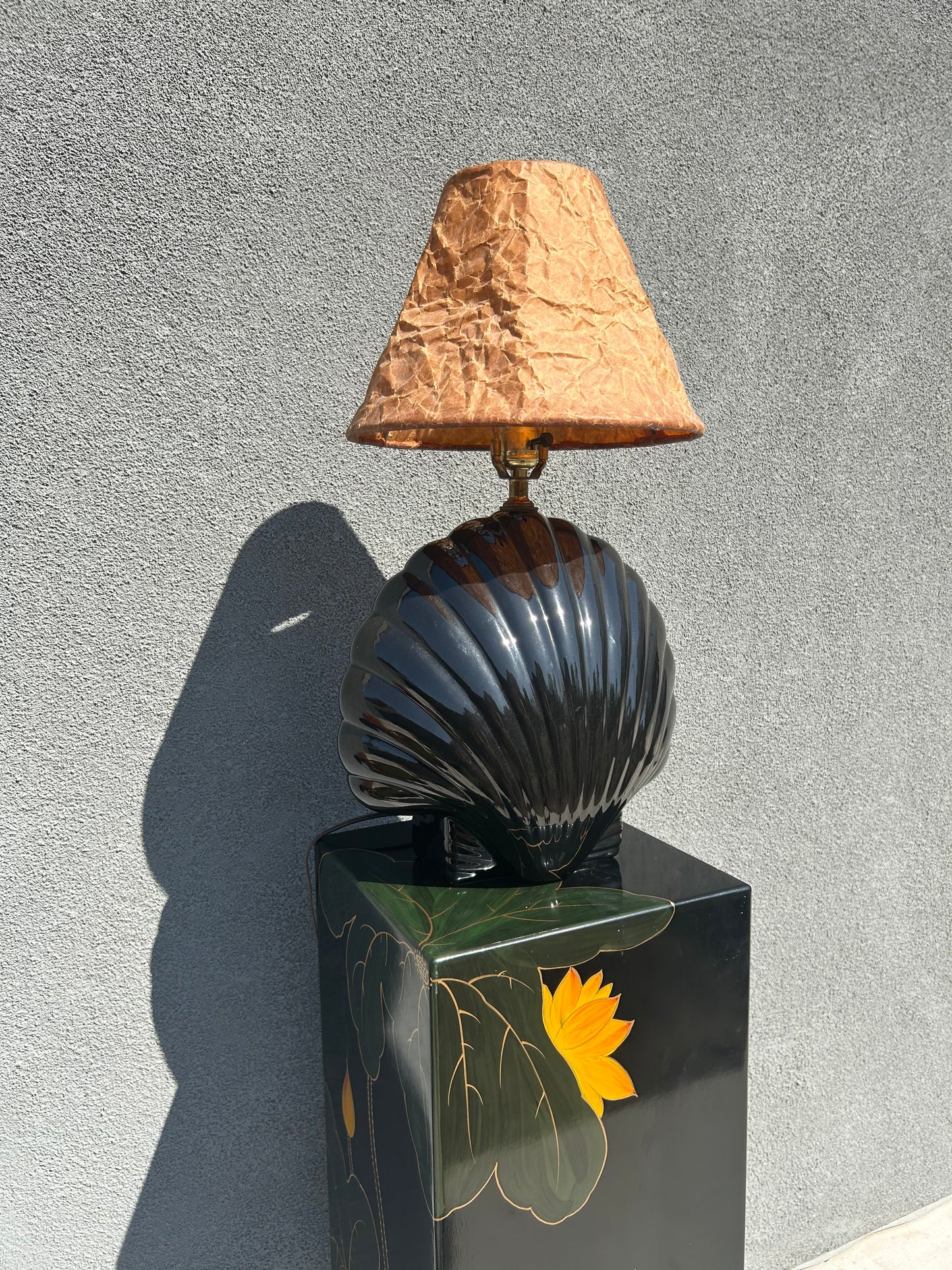 Post Modern Black Shell Table Lamp with Vintage Crinkled Parchment Shade