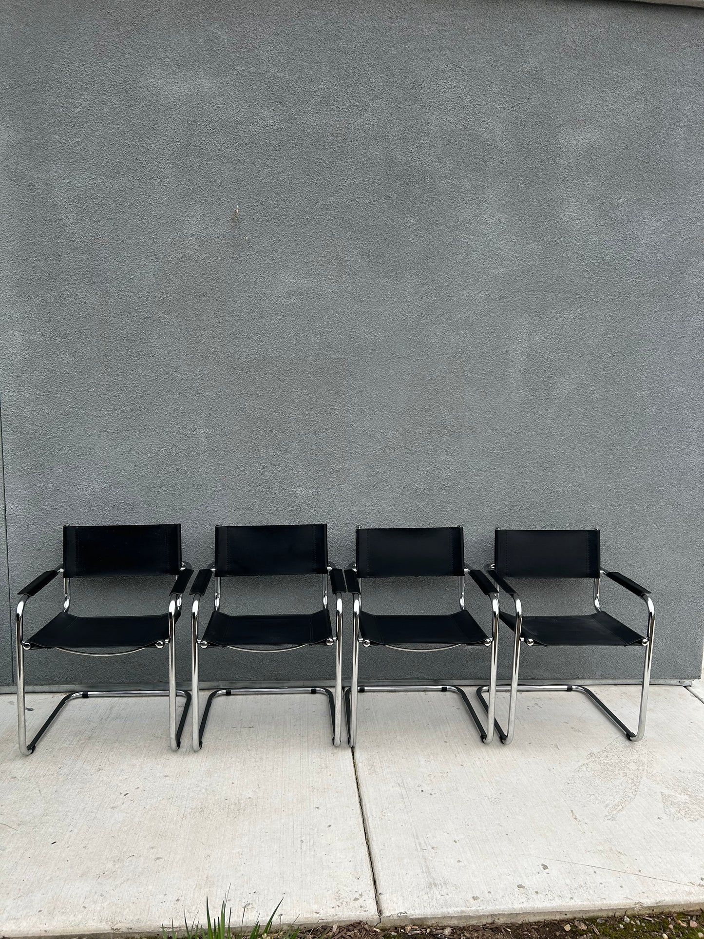 Mart Stam Marcel Breuer S34 Style Bauhaus Cantilever Chrome Black Leather Dining Armchairs, Made in Italy - Set of 4