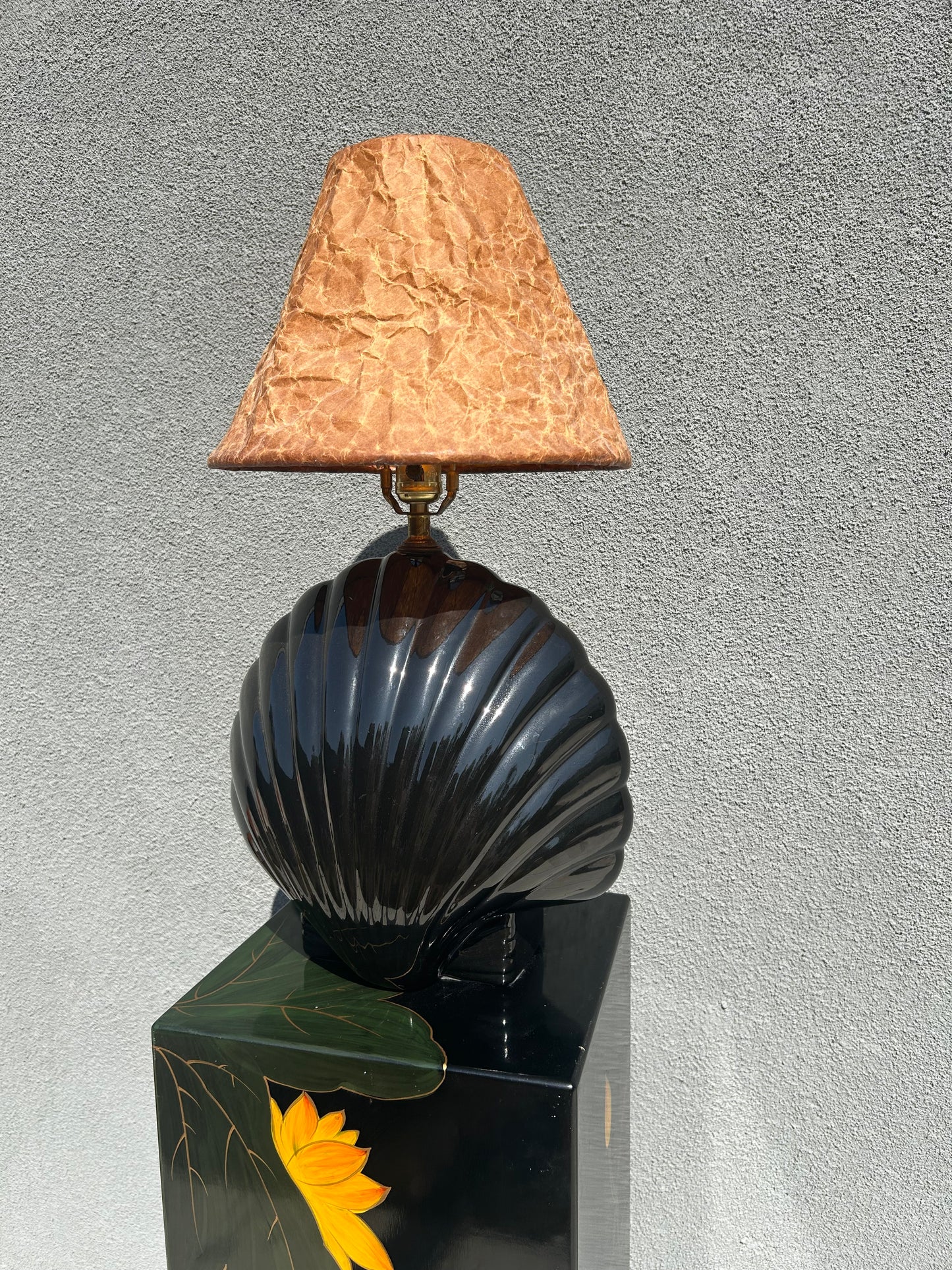 Post Modern Black Shell Table Lamp with Vintage Crinkled Parchment Shade