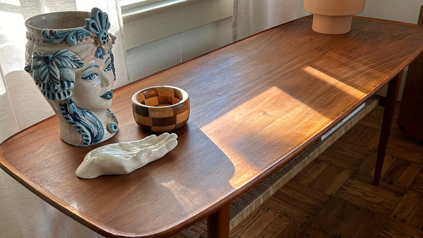 Mid Century Danish Teak and Rattan Table