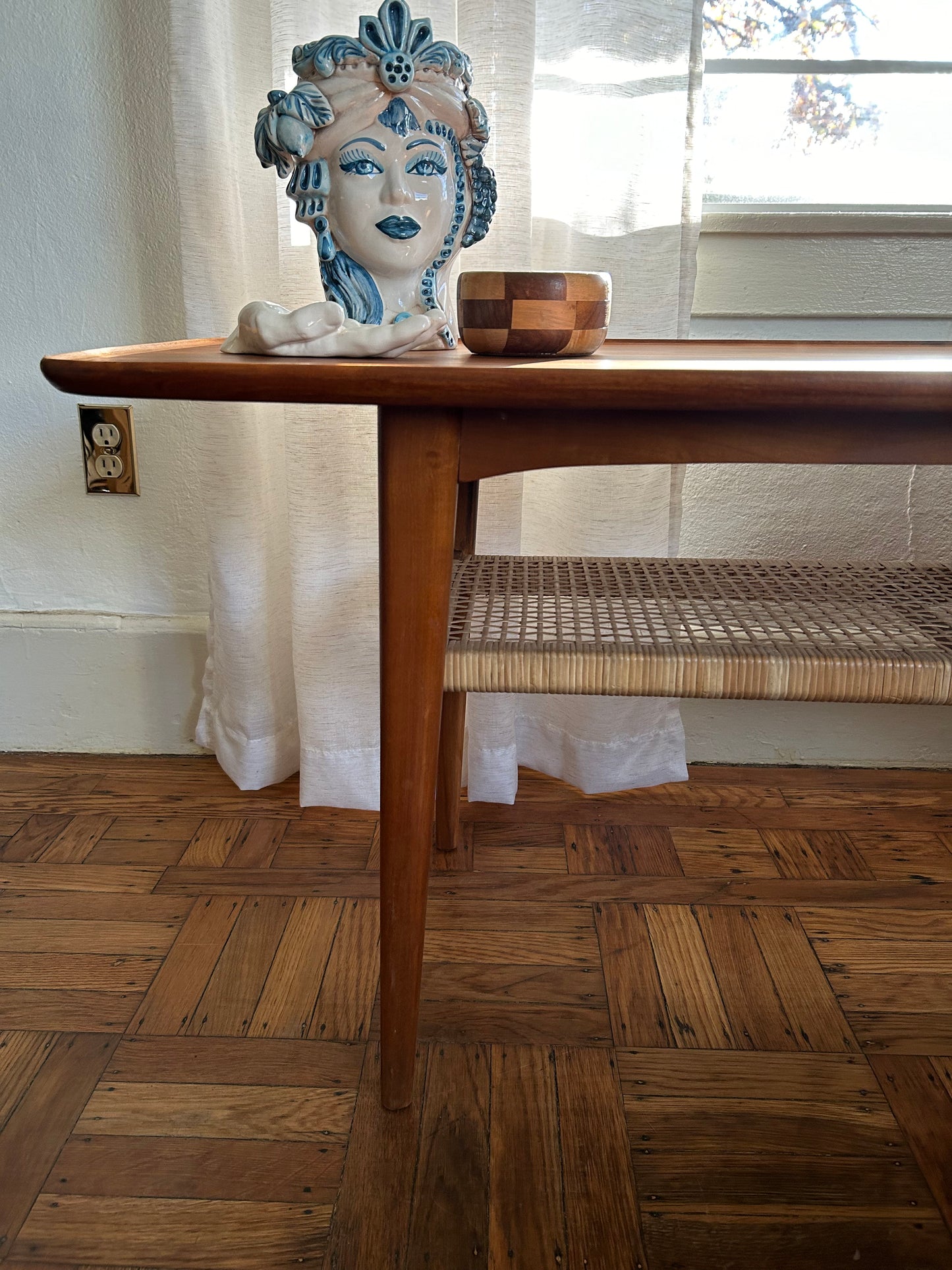 Mid Century Danish Teak and Rattan Table