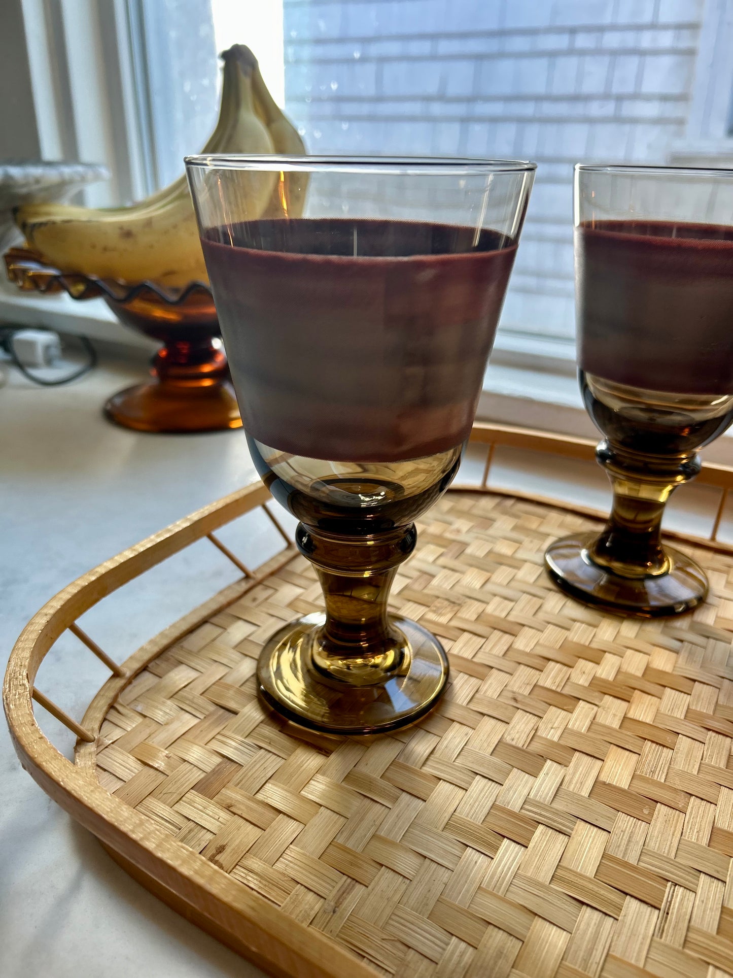 (4) Libbey Footed Pedestal Sango Nova Brown Burgundy Glasses Water Goblets