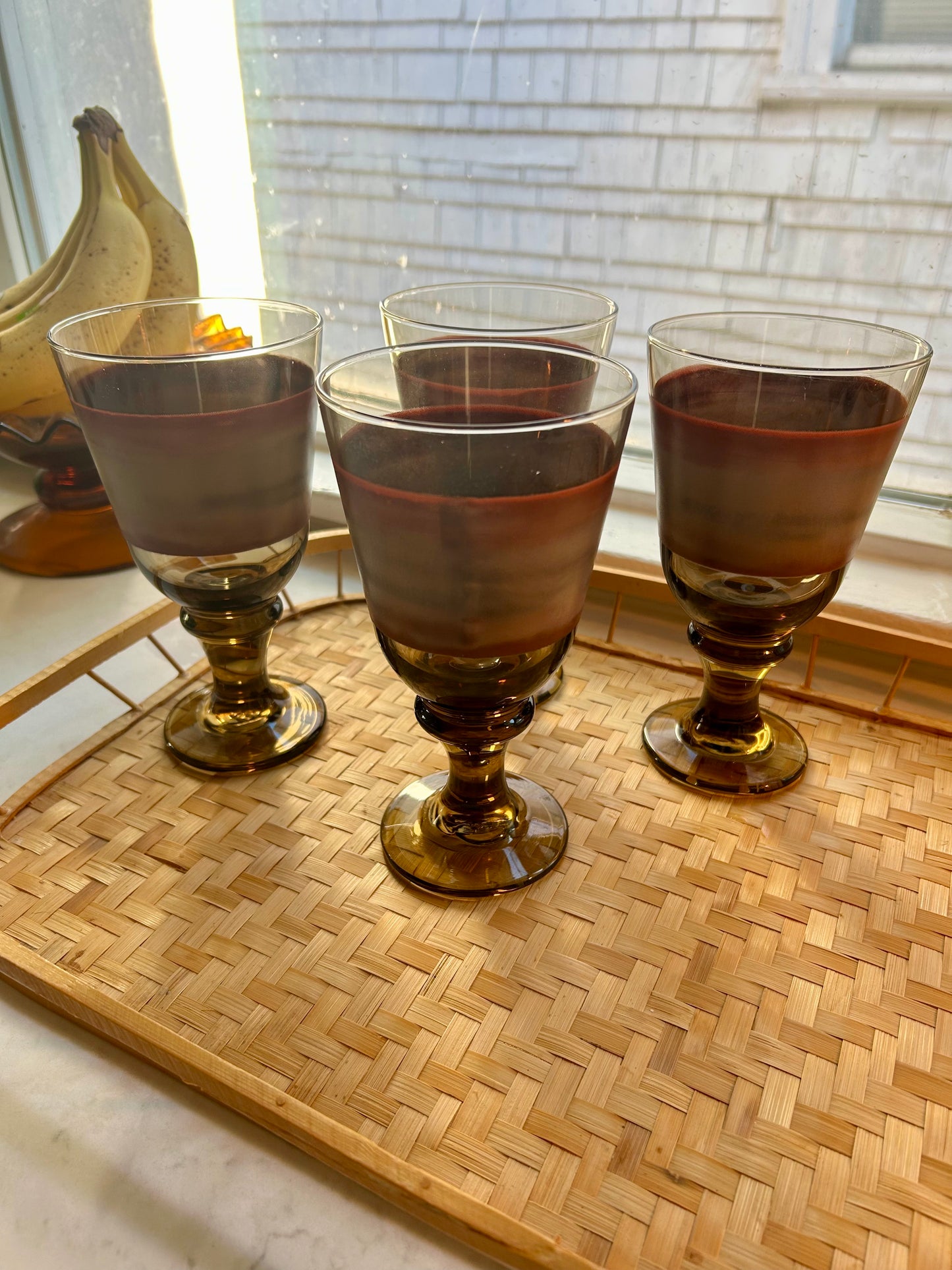 (4) Libbey Footed Pedestal Sango Nova Brown Burgundy Glasses Water Goblets