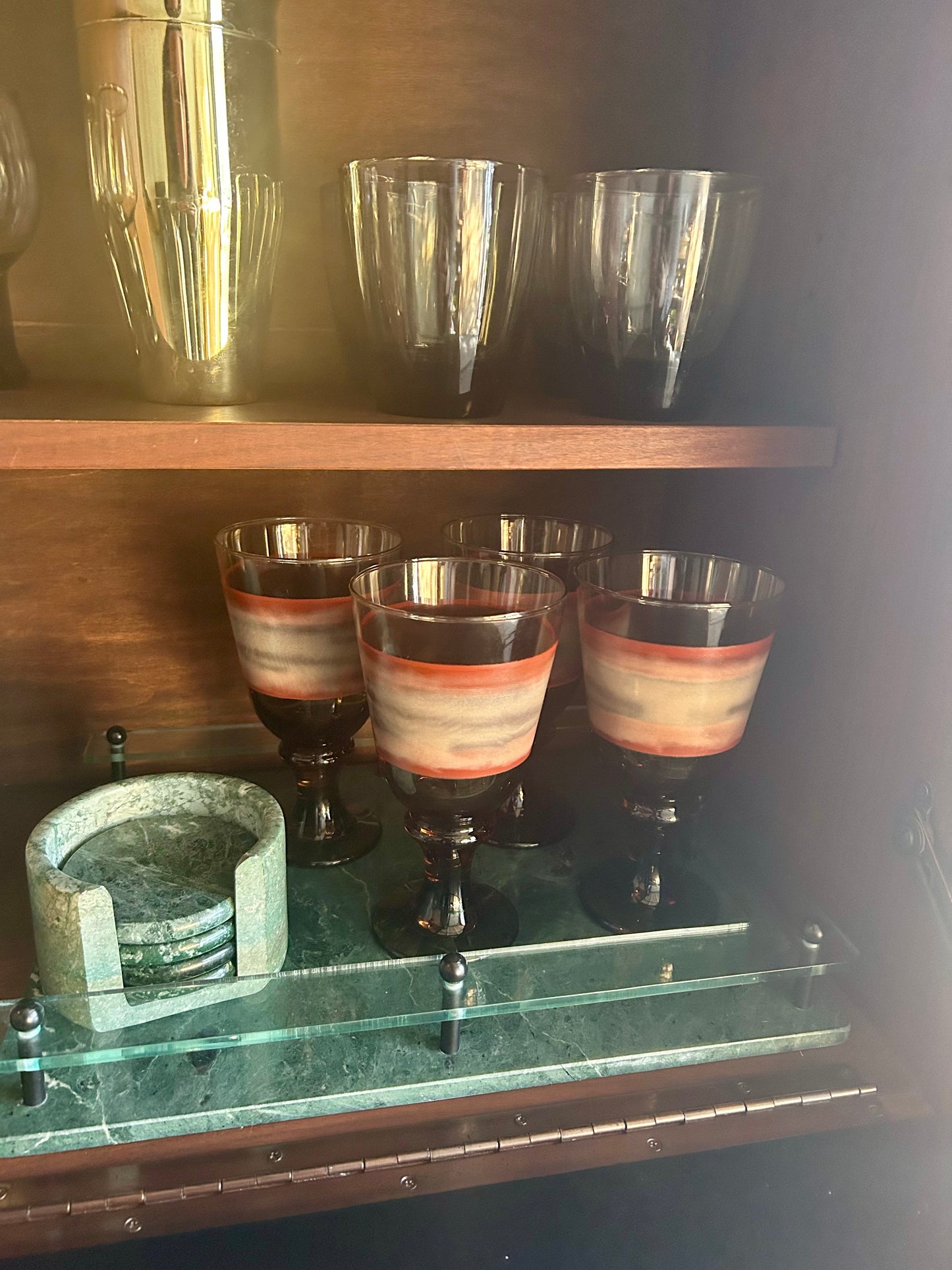 (4) Libbey Footed Pedestal Sango Nova Brown Burgundy Glasses Water Goblets