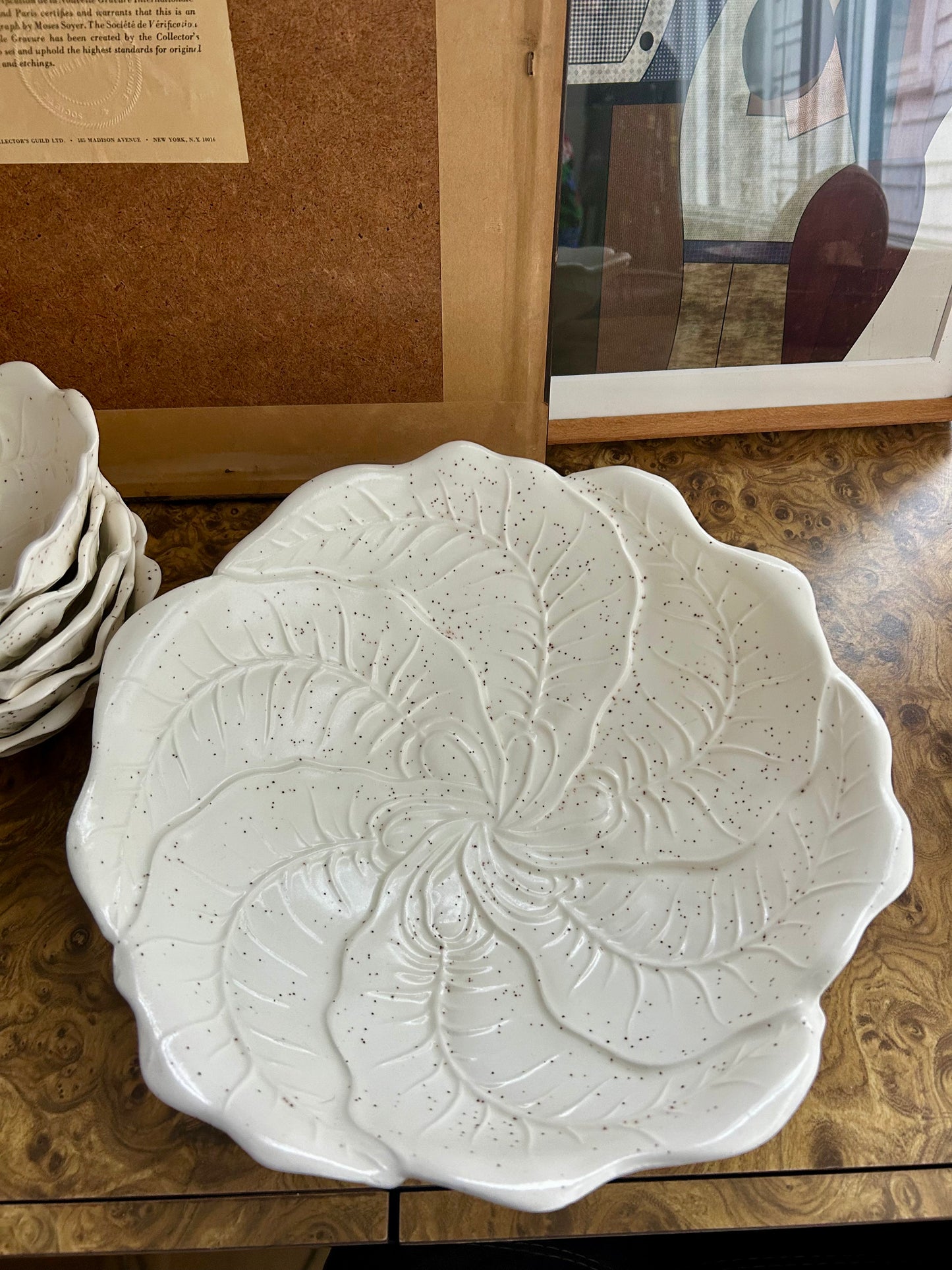Vintage Ceramic Speckled Cabbage Leaf Salad Bowl Serving Set