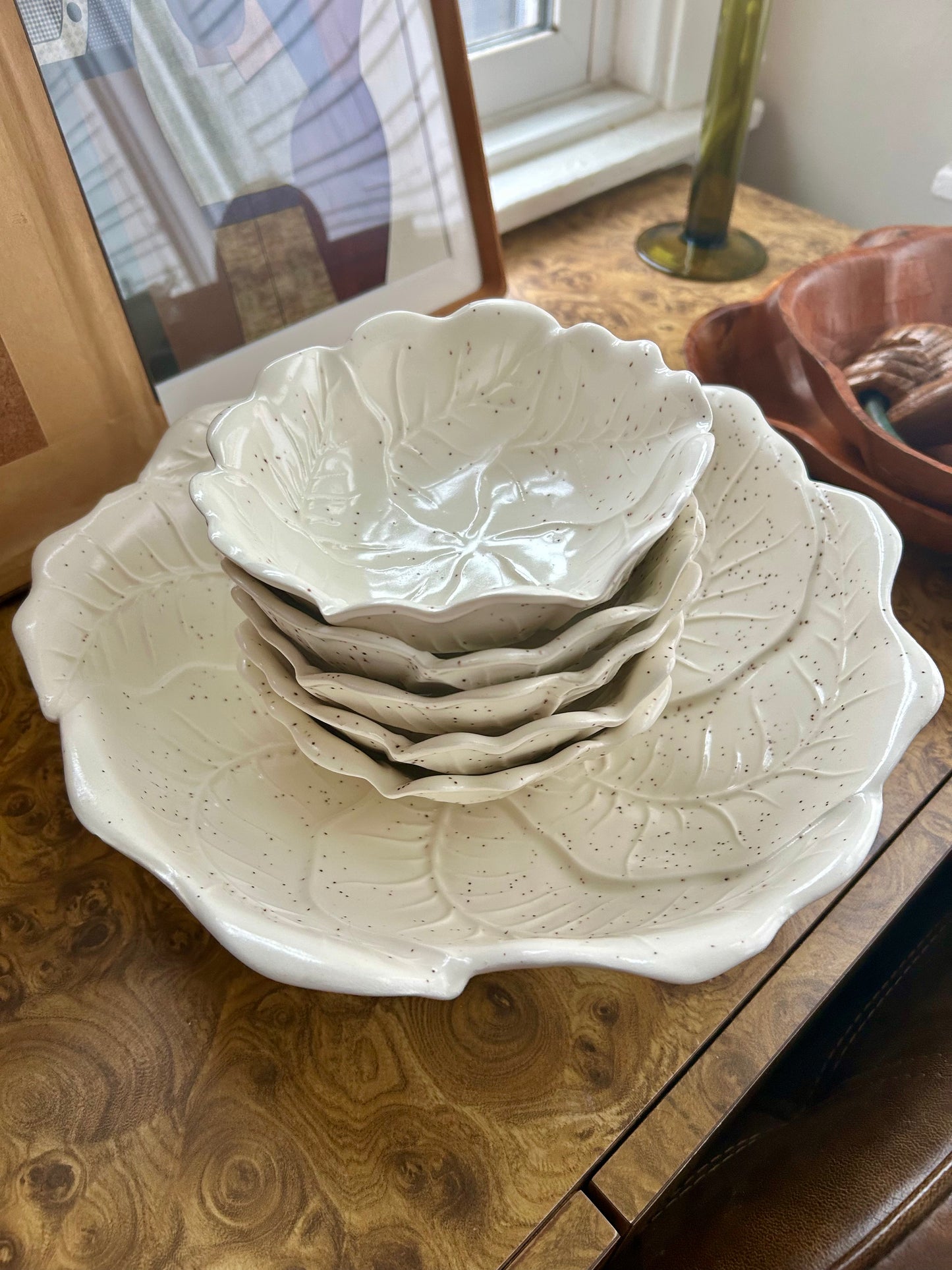 Vintage Ceramic Speckled Cabbage Leaf Salad Bowl Serving Set