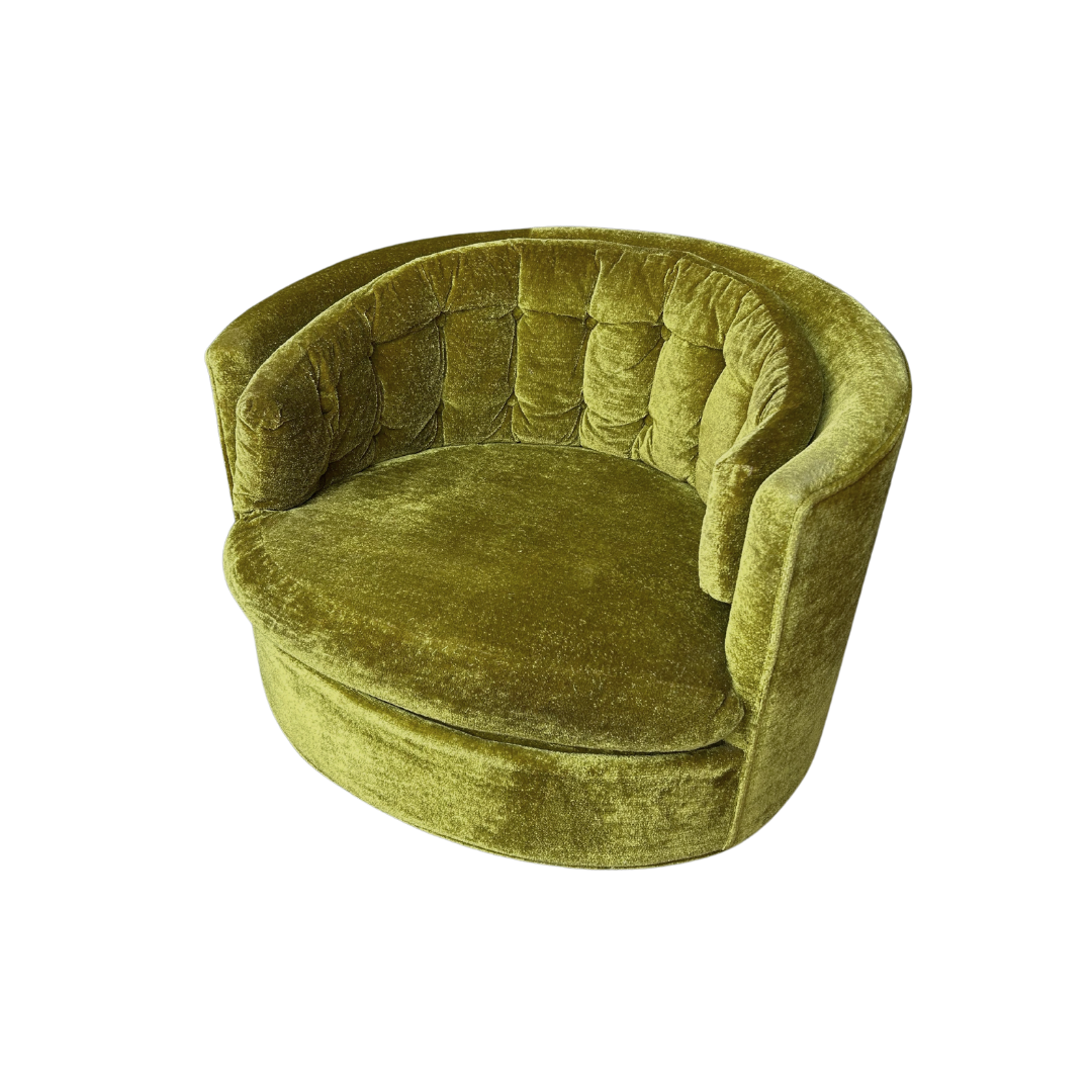 MCM Green Chenille Swivel Barrel Chair in the Style of Milo Baughman