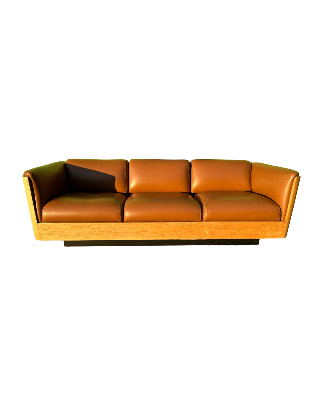 Custom Leather and Oak Sofa with Plinth Base, circa 1970s