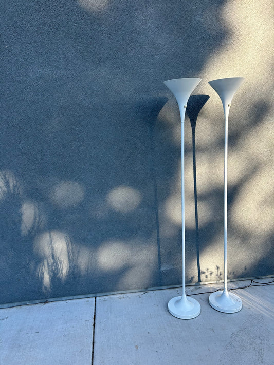 White Conical Torchiere Floor Lamps with Dimmer, Circa 1970’s