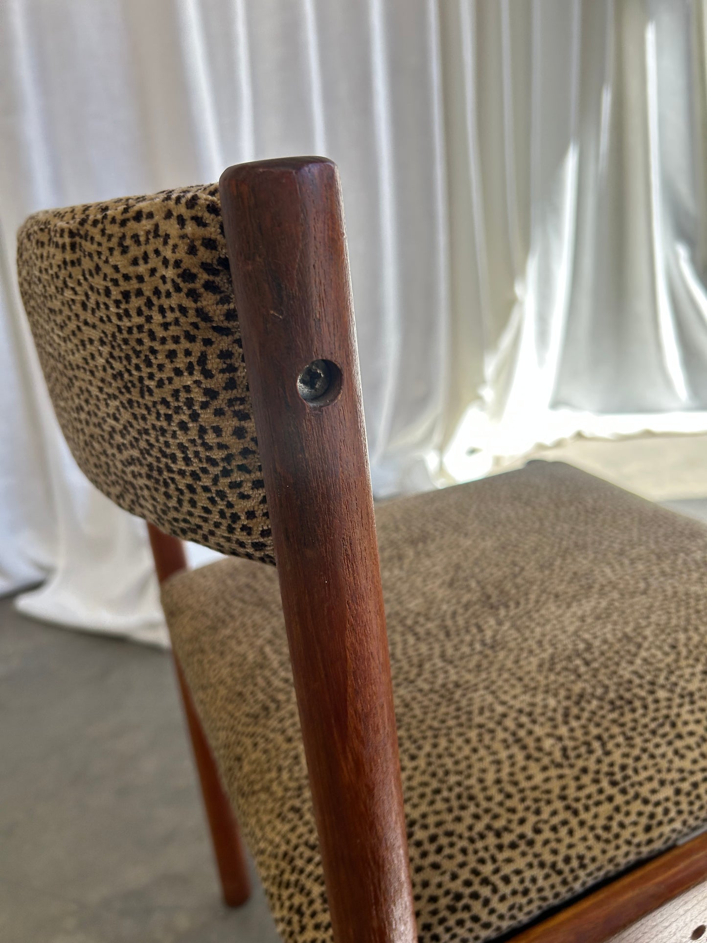 Vintage Danish Style Teak Dining Chairs with New Chenille Upholstery, Set of 4