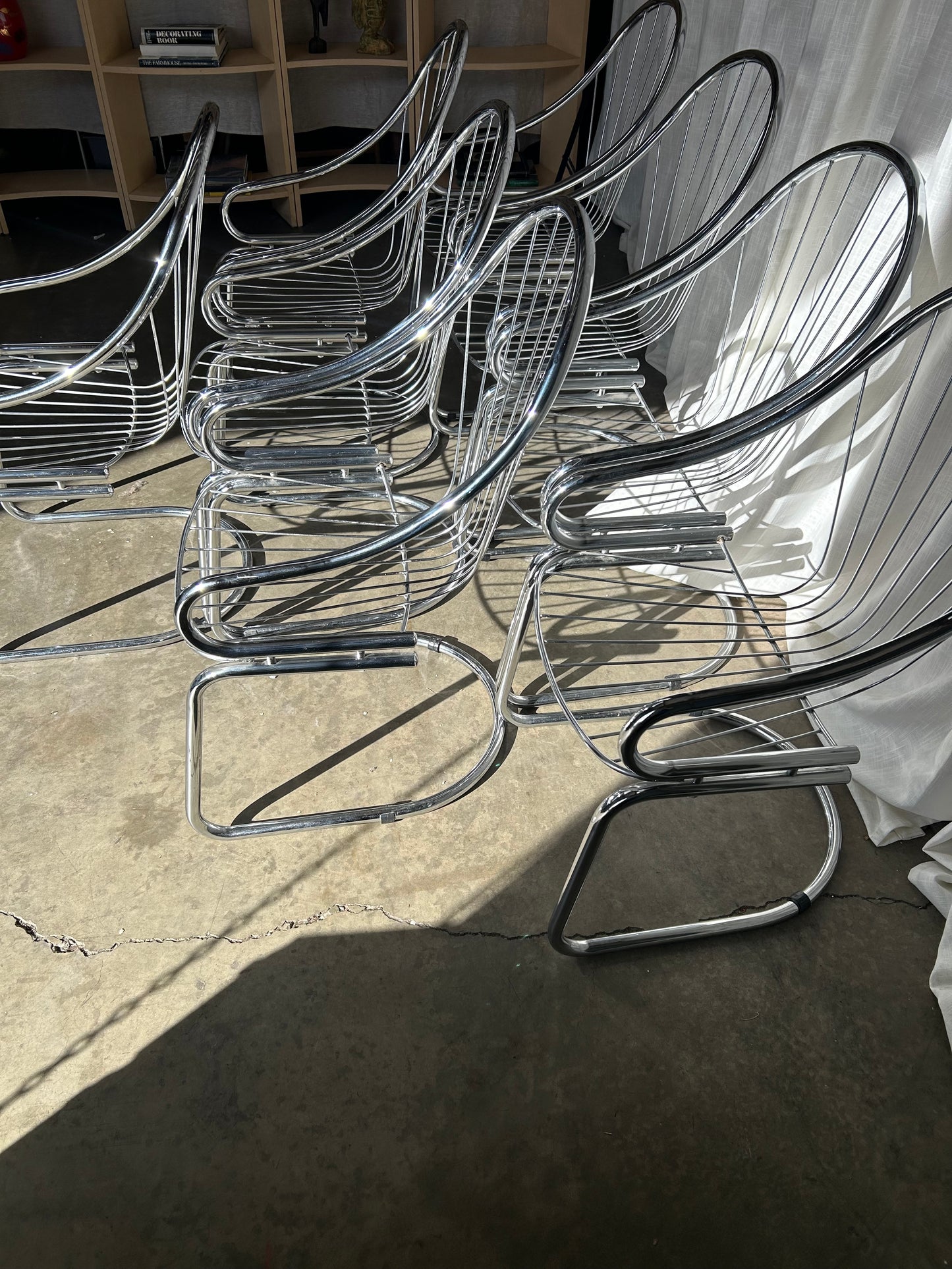 Set of 8 Chrome Cantilever Dining Chairs in the Style of Gastone Rinaldi for Roma, Circa 1970s, Italy