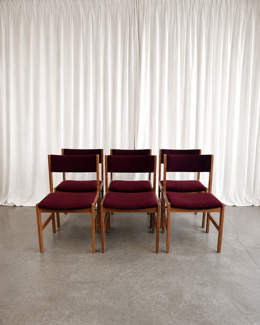 Set of 6 Oxblood Velvet Danish Style Teak Dining Chairs, By Sun Furniture