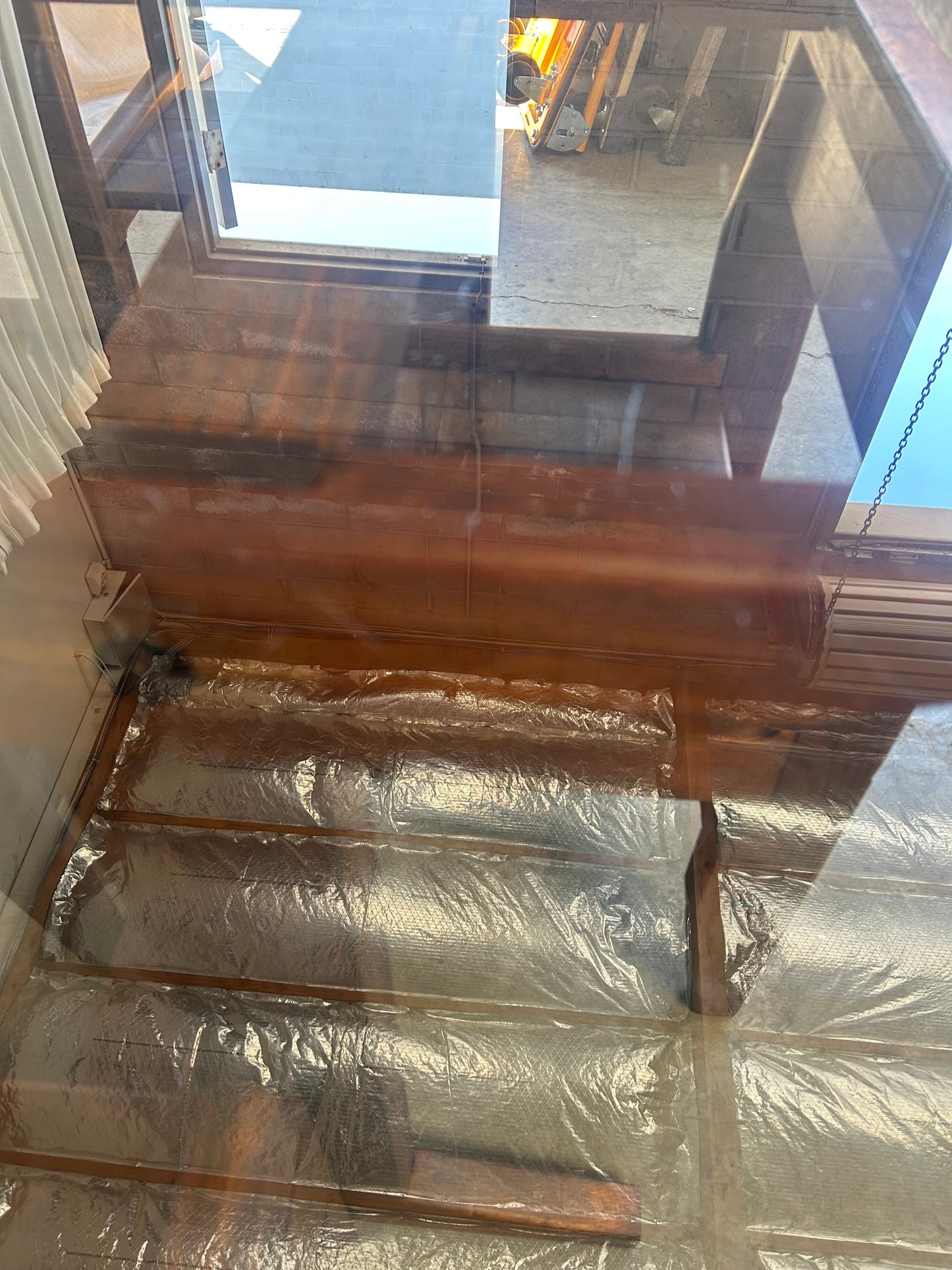 Vintage Oak and Bronze Glass Trestle Table and Chairs Dining Set, Circa 1970s