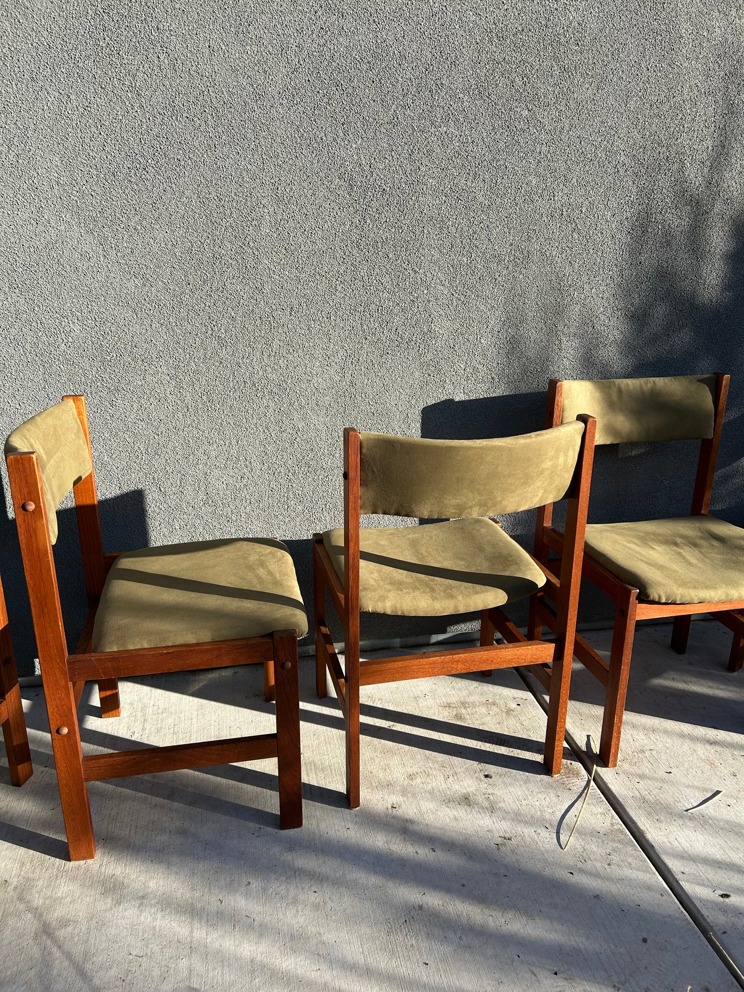 Danish Teak Green Faux Suede Dining Chairs, 7 Available