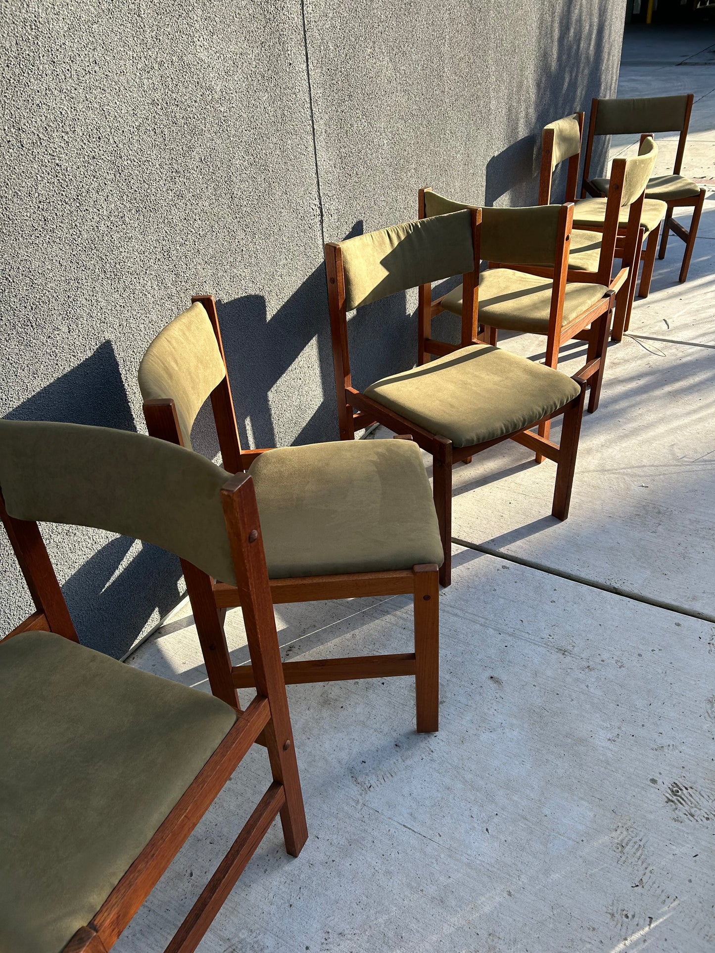 Danish Teak Green Faux Suede Dining Chairs, 7 Available