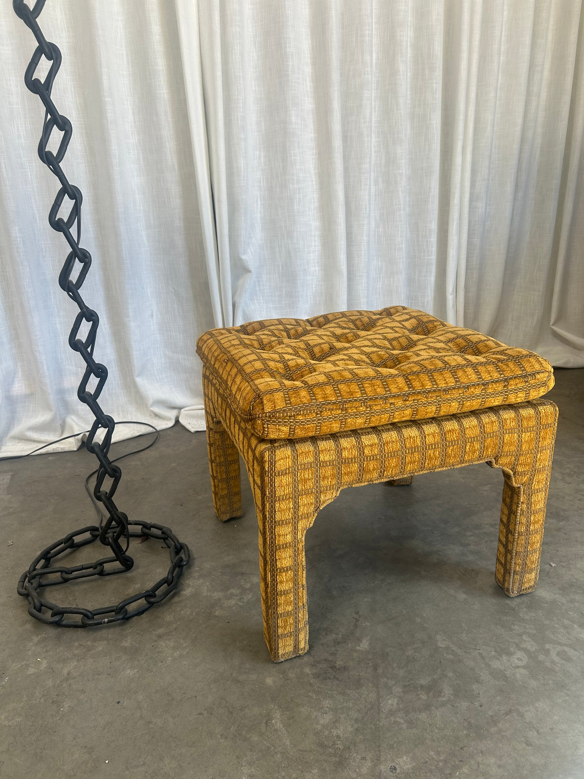 Vintage Gold Velvet Check Ottoman Vanity Stool