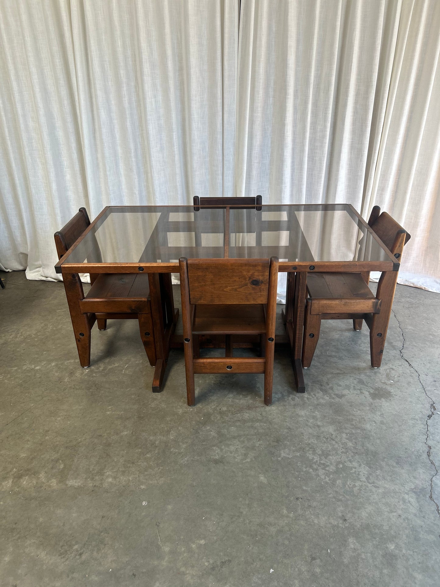 Vintage Oak and Bronze Glass Trestle Table and Chairs Dining Set, Circa 1970s