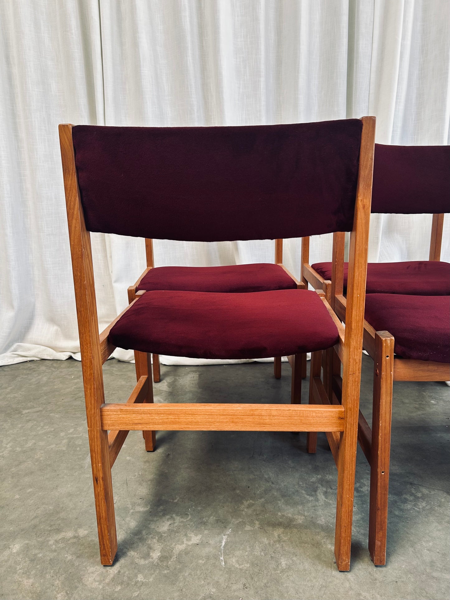Set of 6 Oxblood Velvet Danish Style Teak Dining Chairs, By Sun Furniture