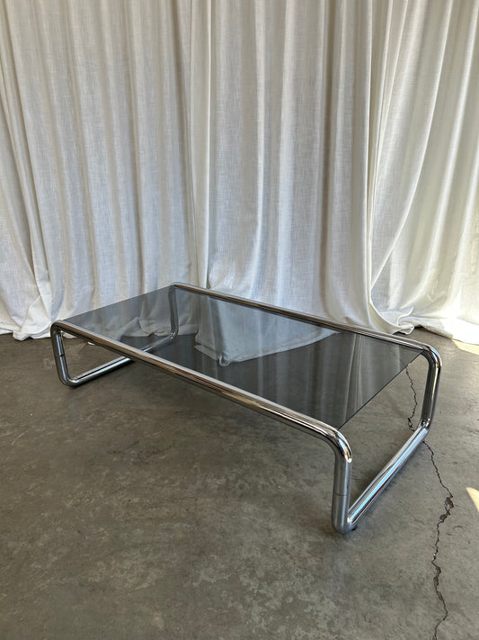 Chrome and Smoked Glass Vintage Coffee Table in the Style of Marcel Breuer, Circa 1970s