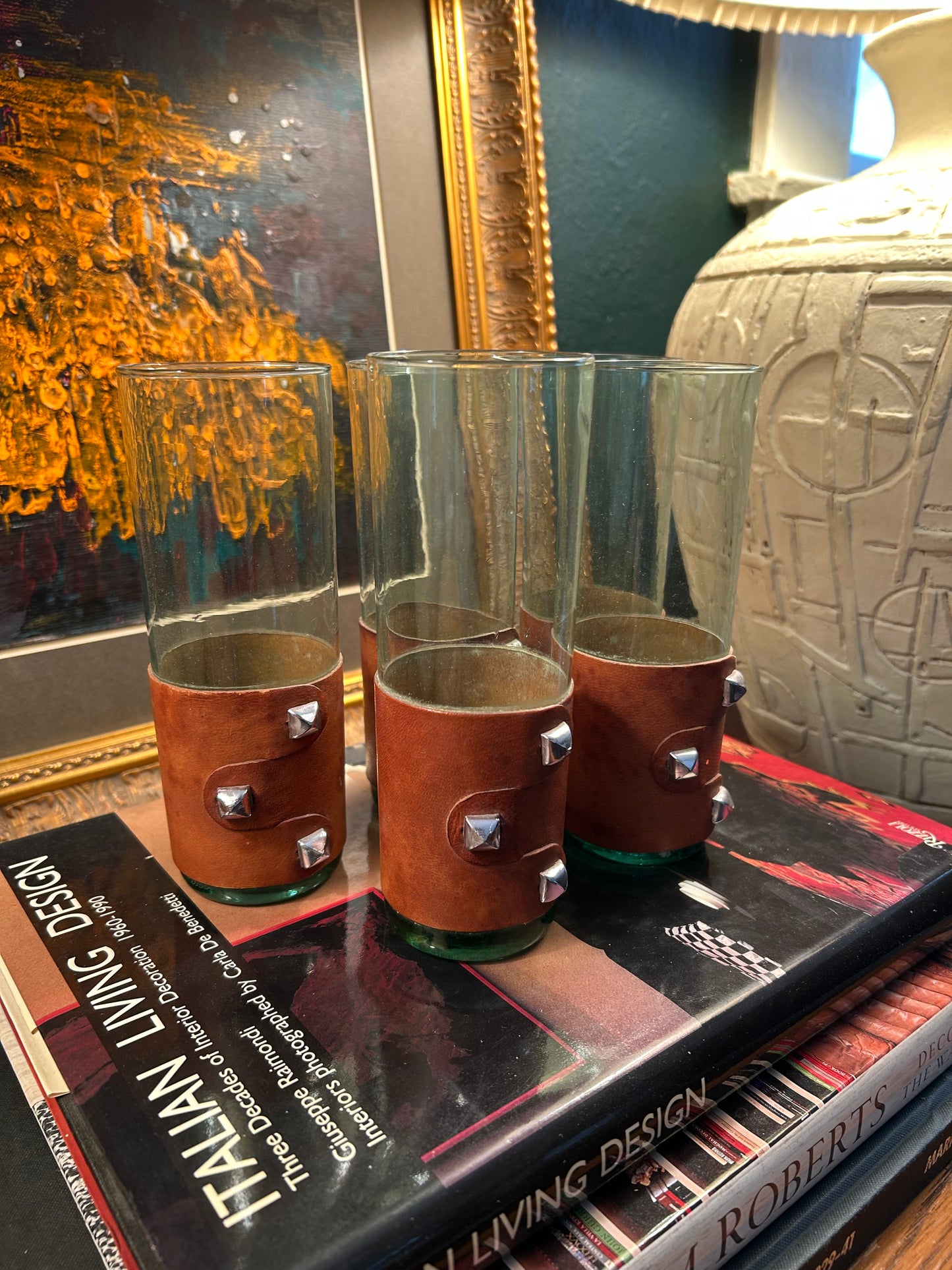 Handmade Leather Studded Highball Glasses from Spain