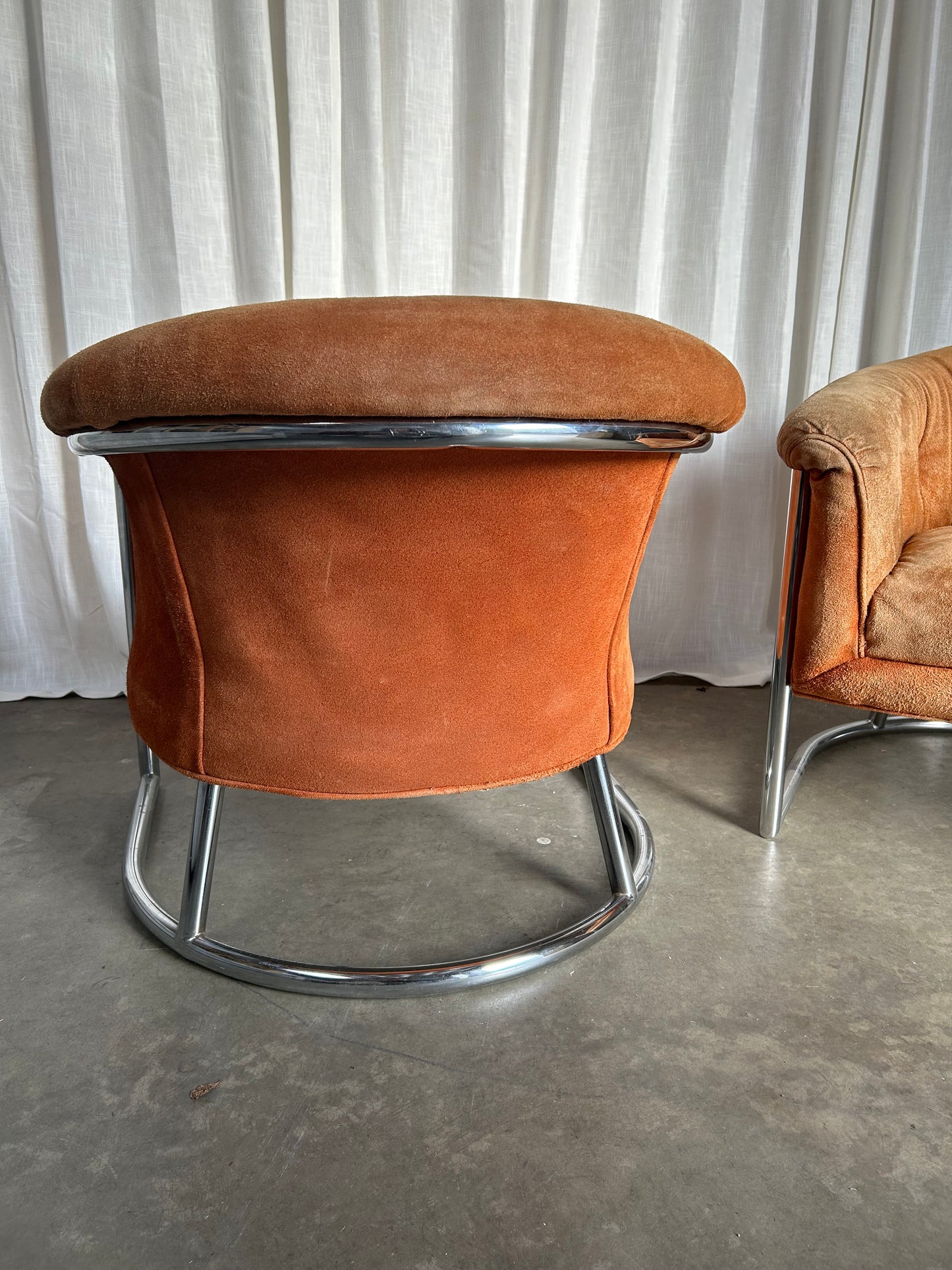Pair of Suede and Chrome Tufted MCM Club Chairs, Circa 1970s