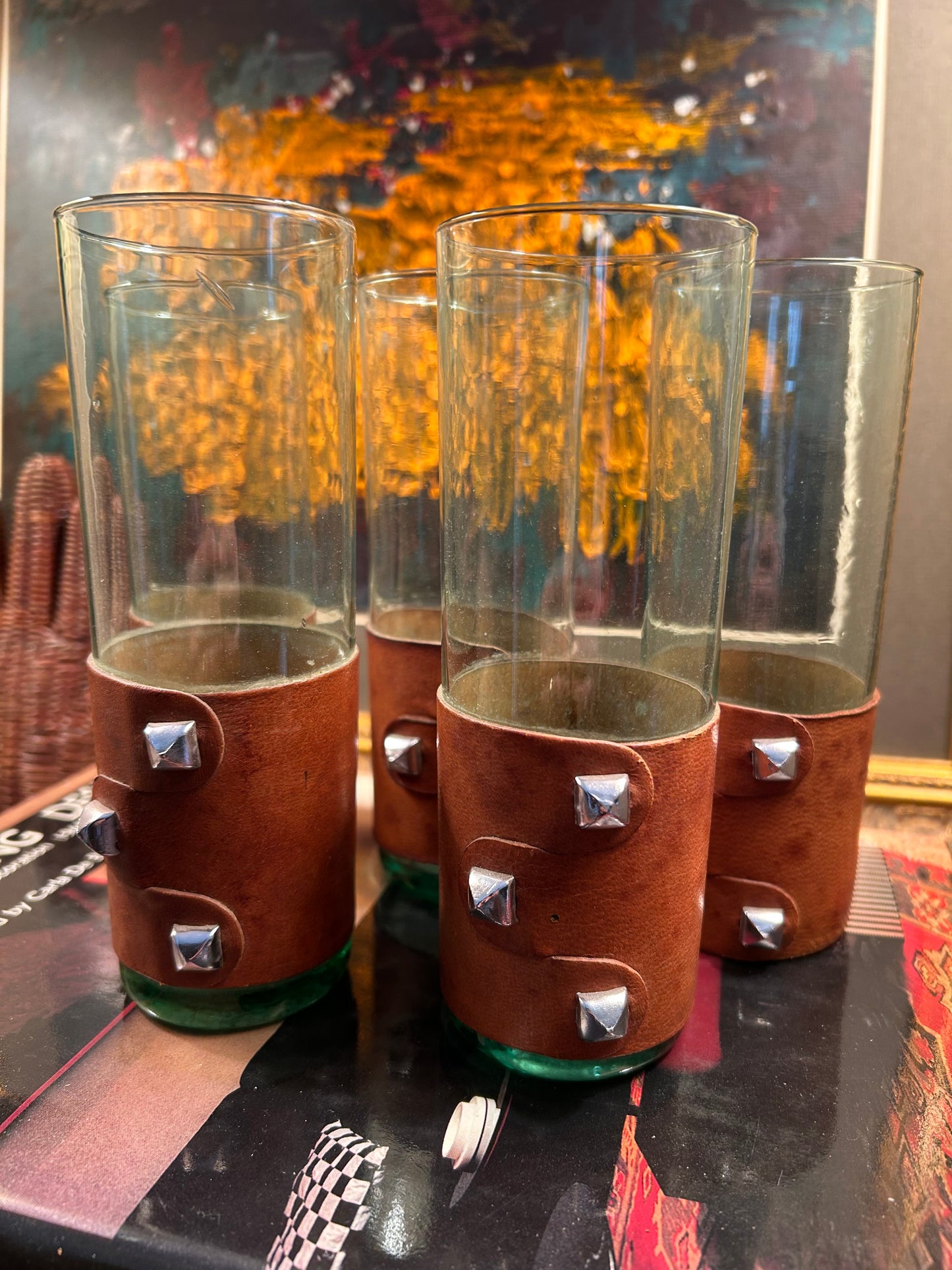 Handmade Leather Studded Highball Glasses from Spain