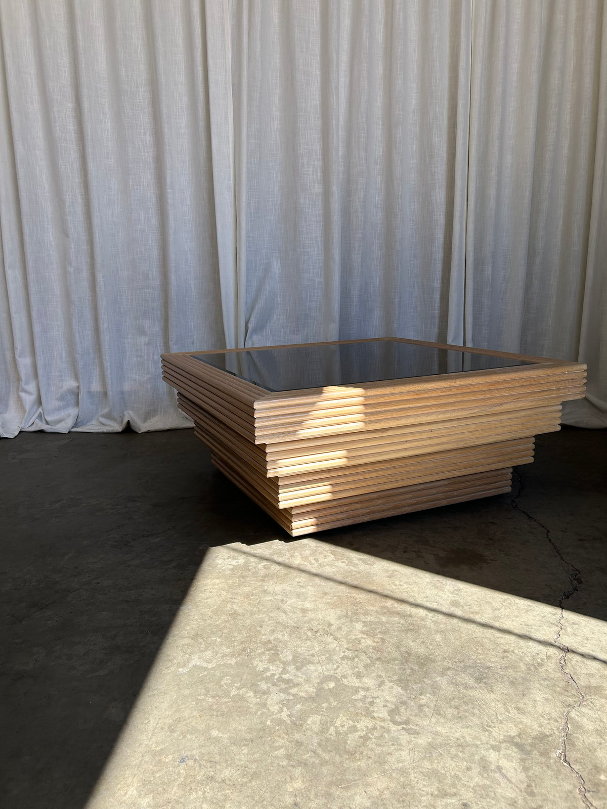 Postmodern Reeded Wood Coffee Table with Mirrored Top, Circa 1980s