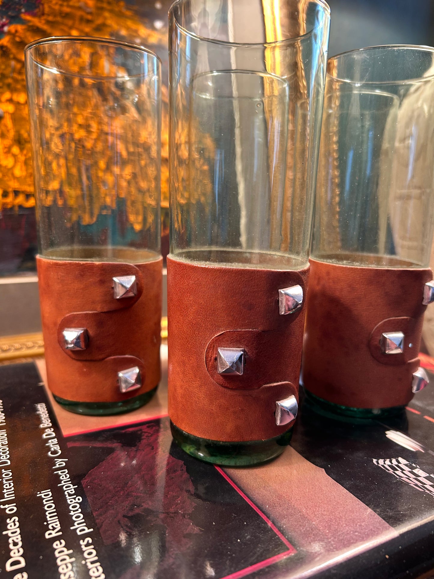 Handmade Leather Studded Highball Glasses from Spain