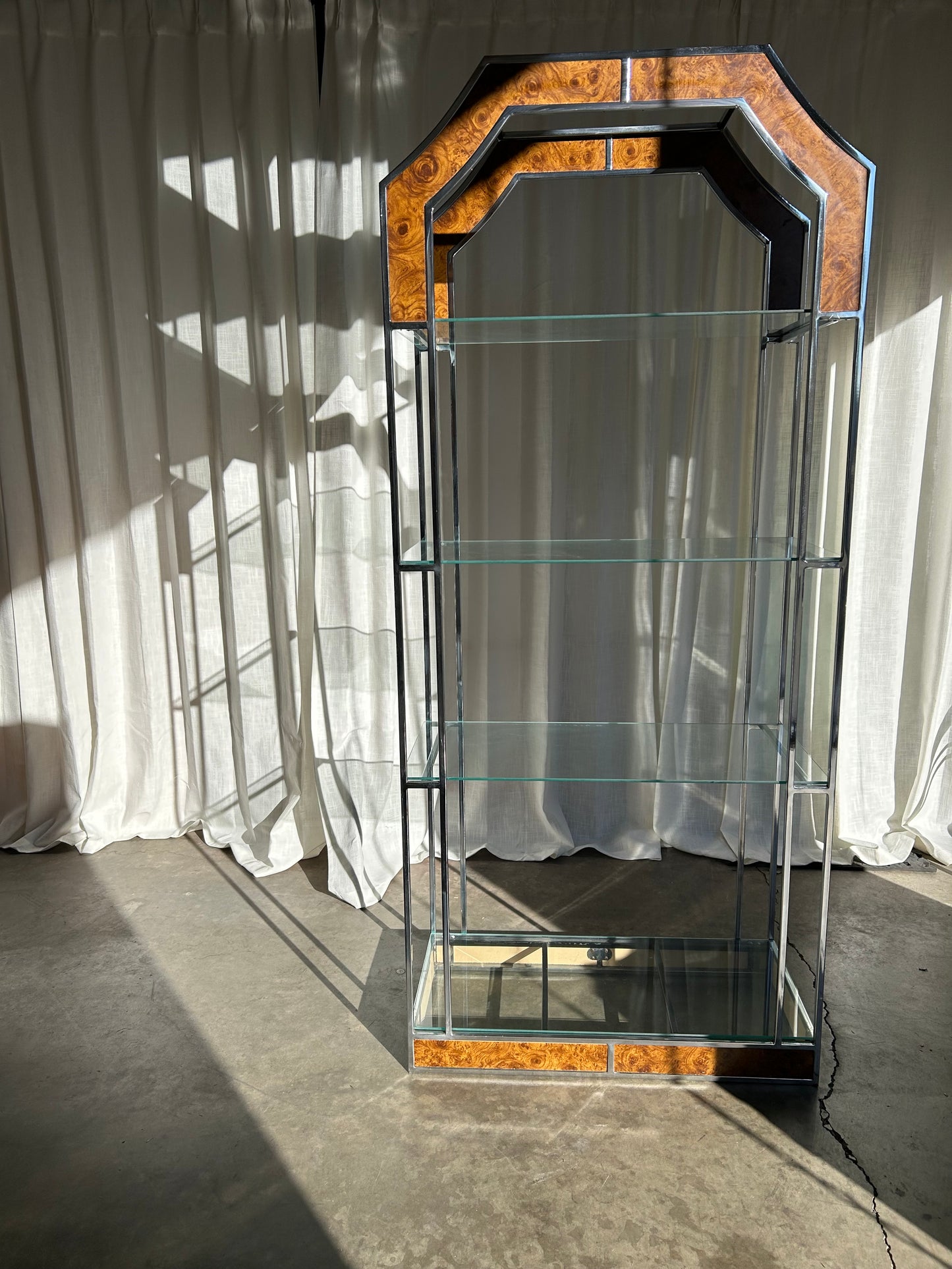 Modernist Era Baughman Style Chrome and Burl 4-Shelf Etagere, Circa 1970s