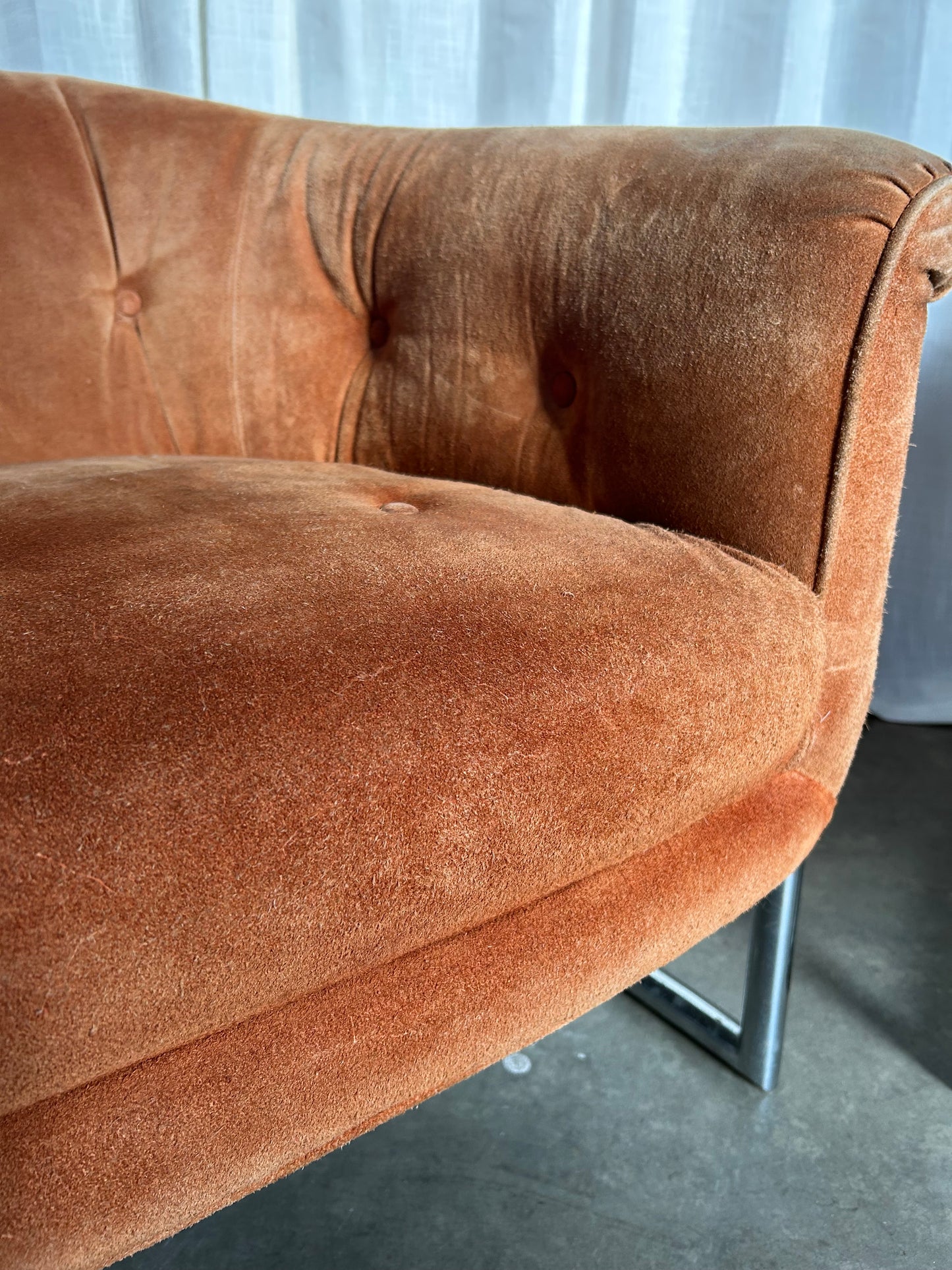 Pair of Suede and Chrome Tufted MCM Club Chairs, Circa 1970s