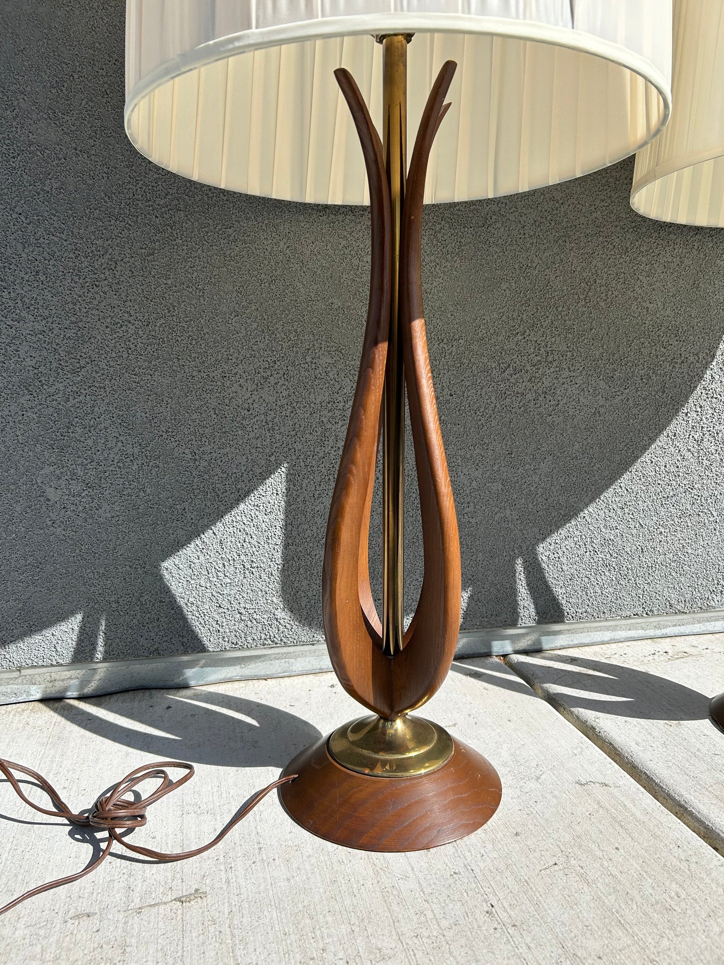 Mid-Century Modern Sculpted Walnut Table Lamps with Brass Accents - 2 Available