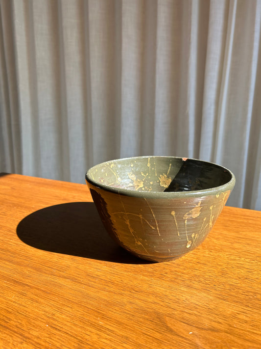 Handmade Green Studio Pottery Splattered Bowl, Signed