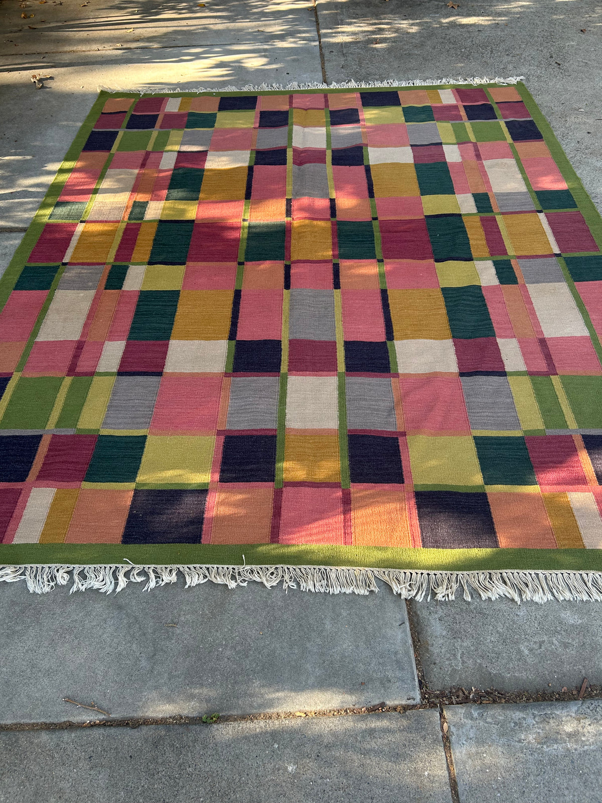 Vintage Geometric Plaid Kilim Flatweave Rug