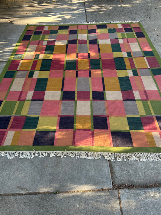 Vintage Geometric Plaid Kilim Flatweave Rug