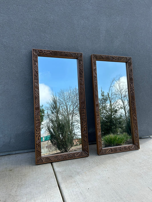 Vintage Hand-Carved Brutalist Walnut Floor Mirrors, Circa 1970s