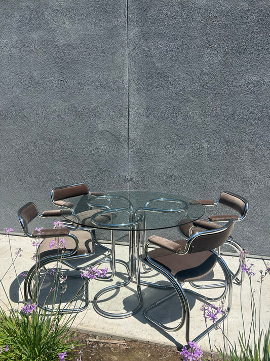 Italian Tubular Chrome Velvet Upholstered Dining Set with Glass Top, Circa 1970s