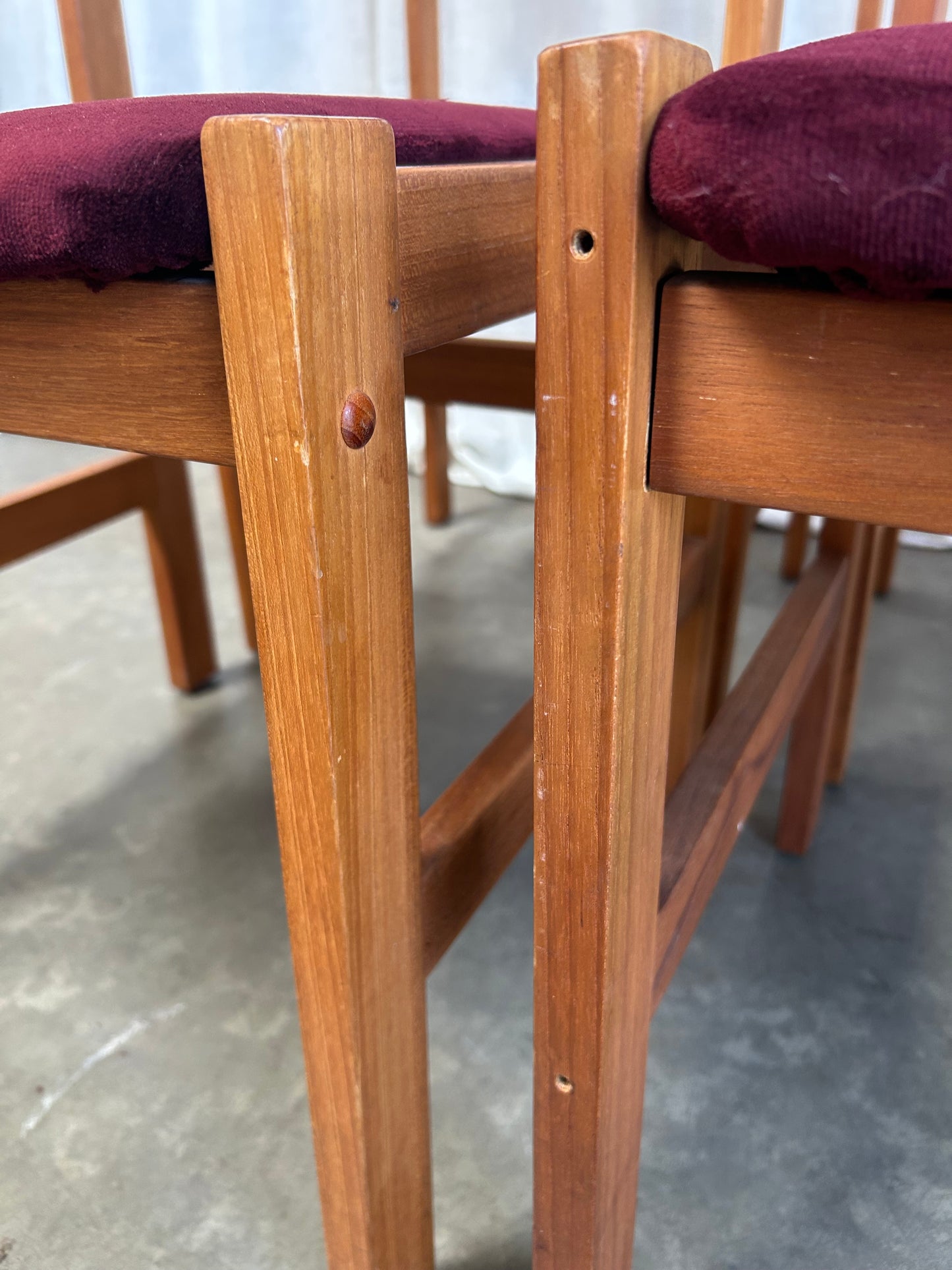 Set of 6 Oxblood Velvet Danish Style Teak Dining Chairs, By Sun Furniture