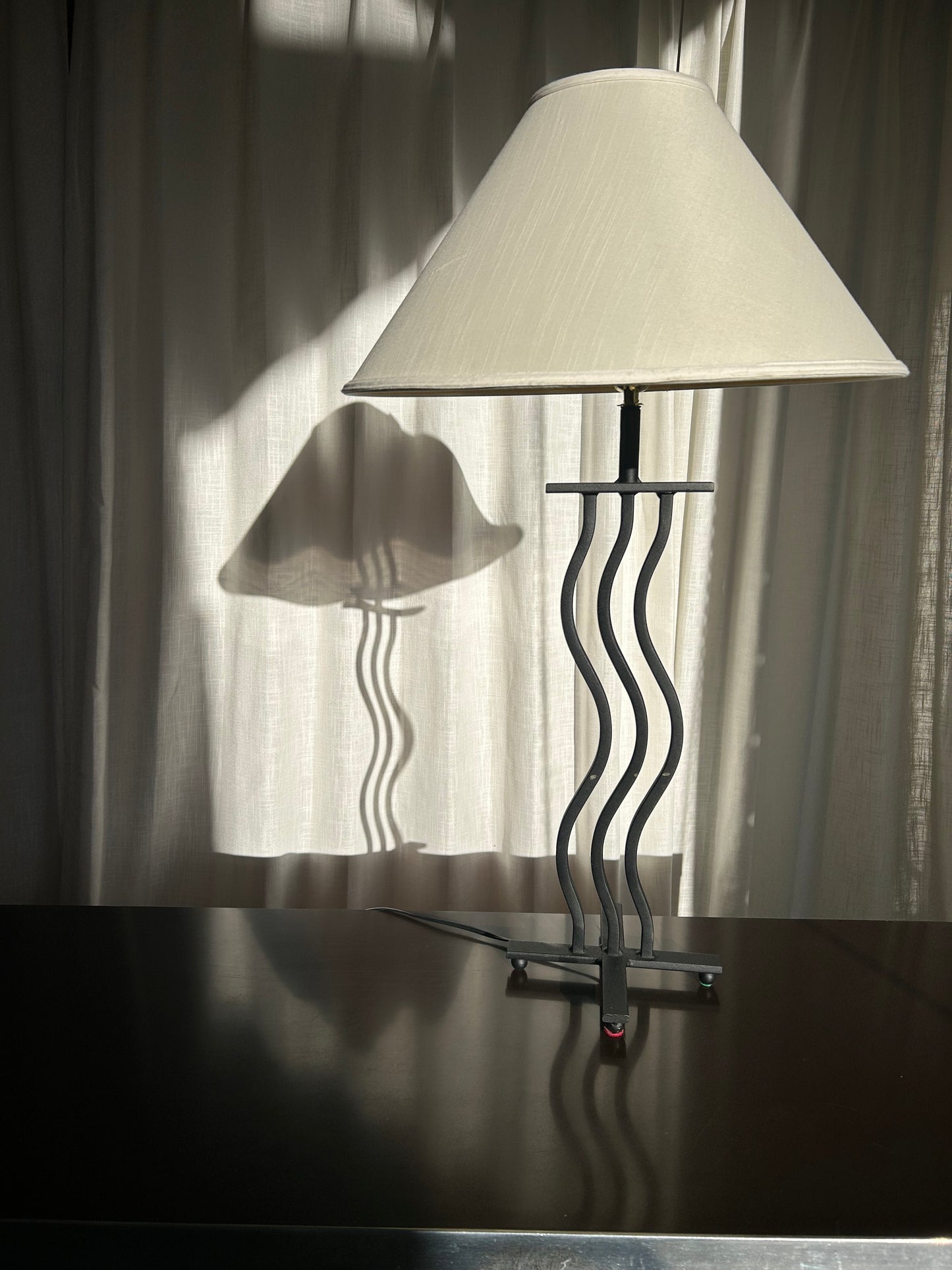 Postmodern Wavy Black Metal Table Lamp, Circa 1980s