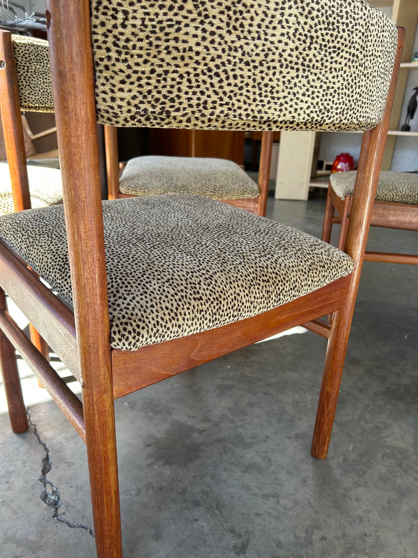 Vintage Danish Style Teak Dining Chairs with New Chenille Upholstery, Set of 4
