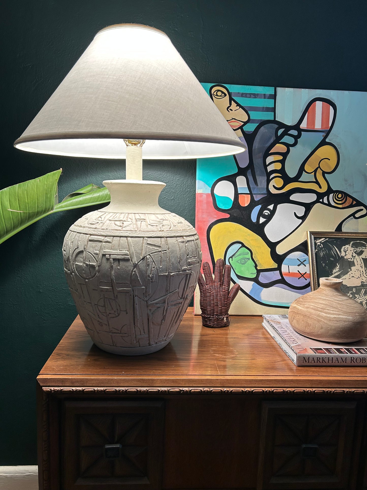(2) Brutalist Abstract Post Modern Ceramic Table Lamps with Modern Shades