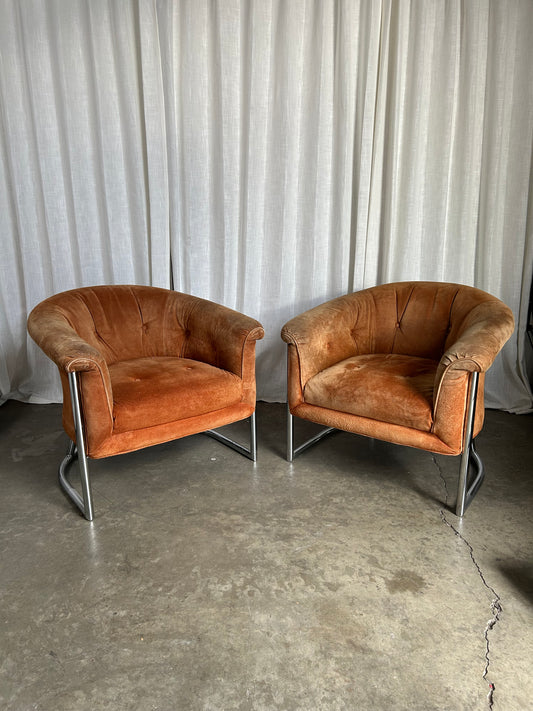 Pair of Suede and Chrome Tufted MCM Club Chairs, Circa 1970s