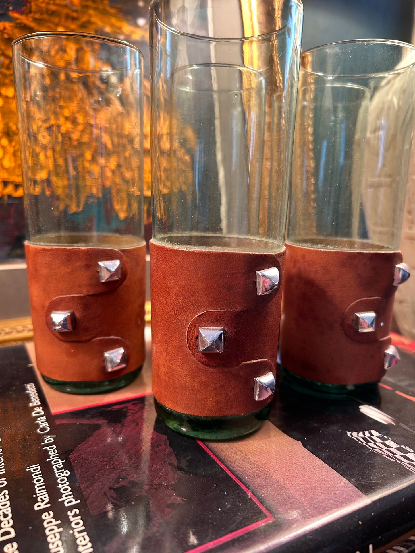 Handmade Leather Studded Highball Glasses from Spain