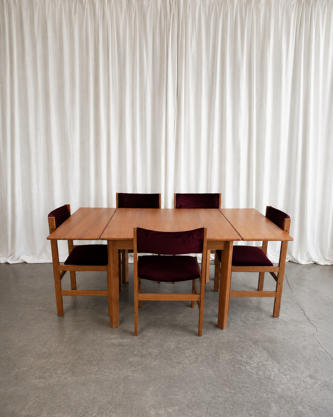 Set of 6 Oxblood Velvet Danish Style Teak Dining Chairs, By Sun Furniture