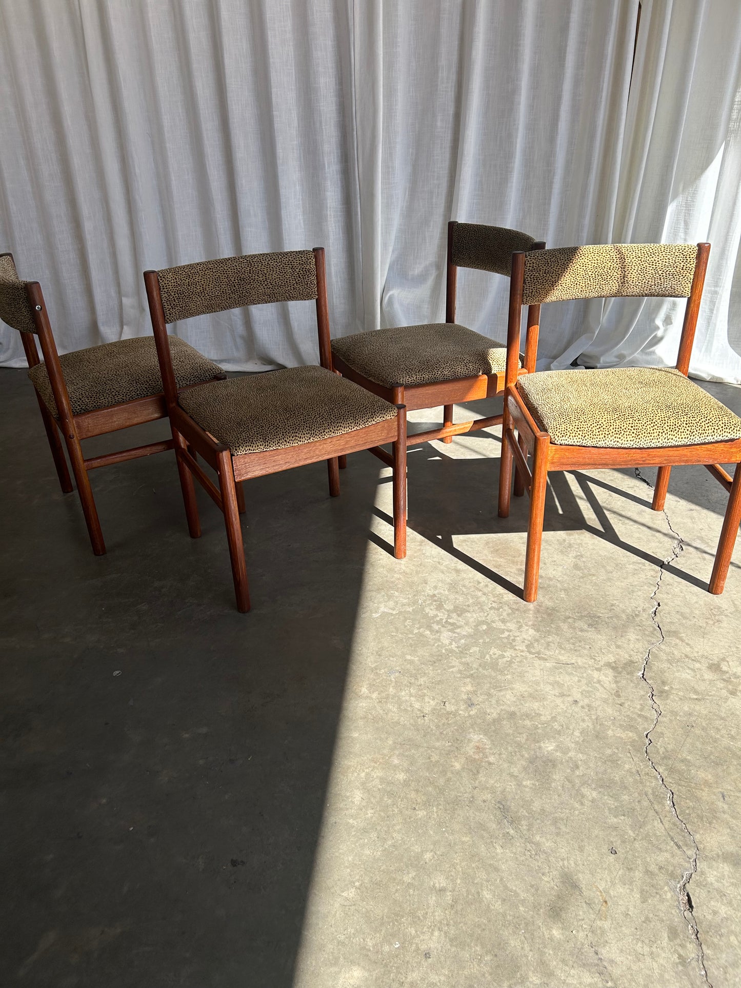 Vintage Danish Style Teak Dining Chairs with New Chenille Upholstery, Set of 4