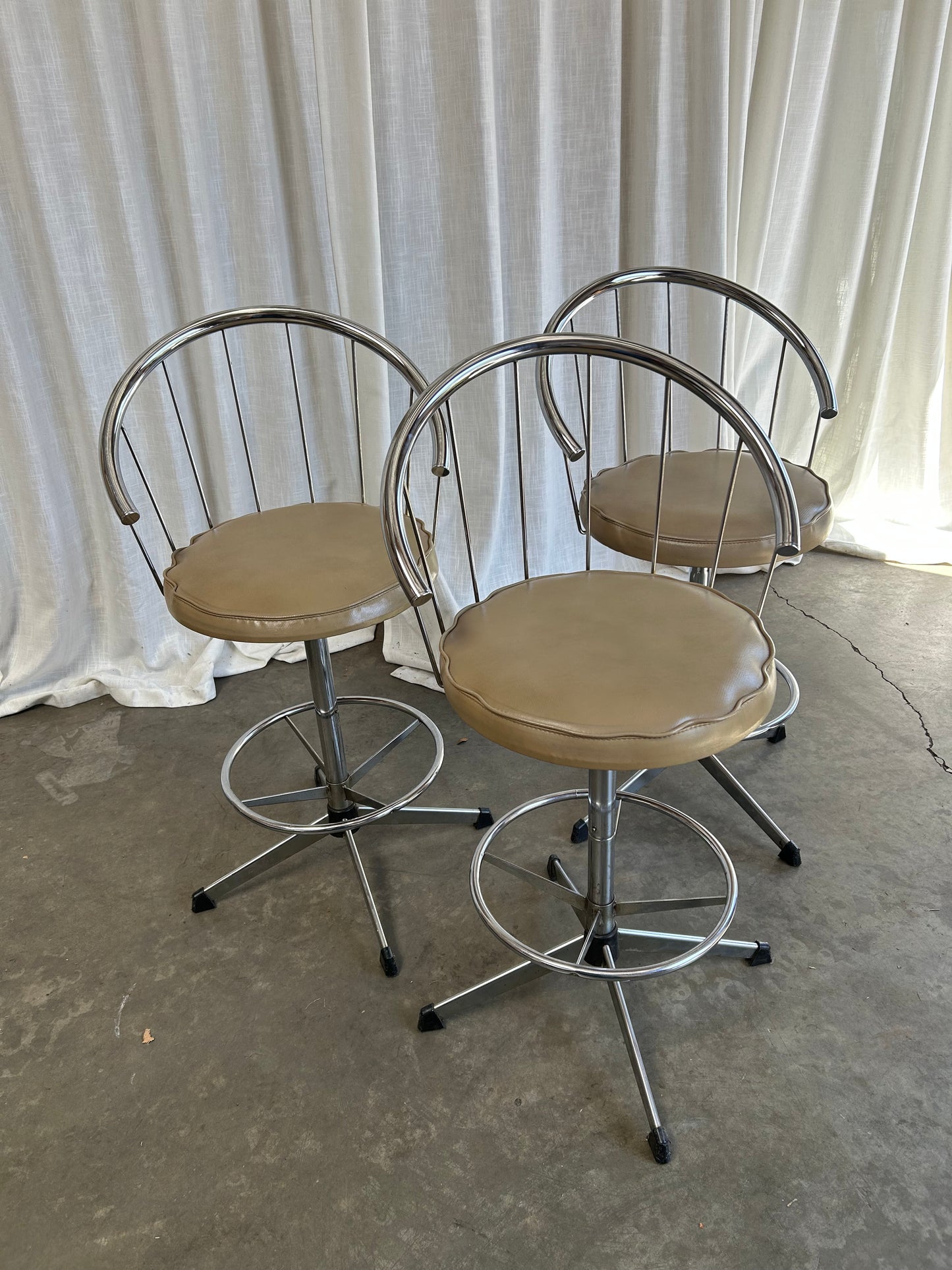 Set of 3- Chrome Modern Counter or Bar Stools Faux Leather by Cosco, Circa 1980s