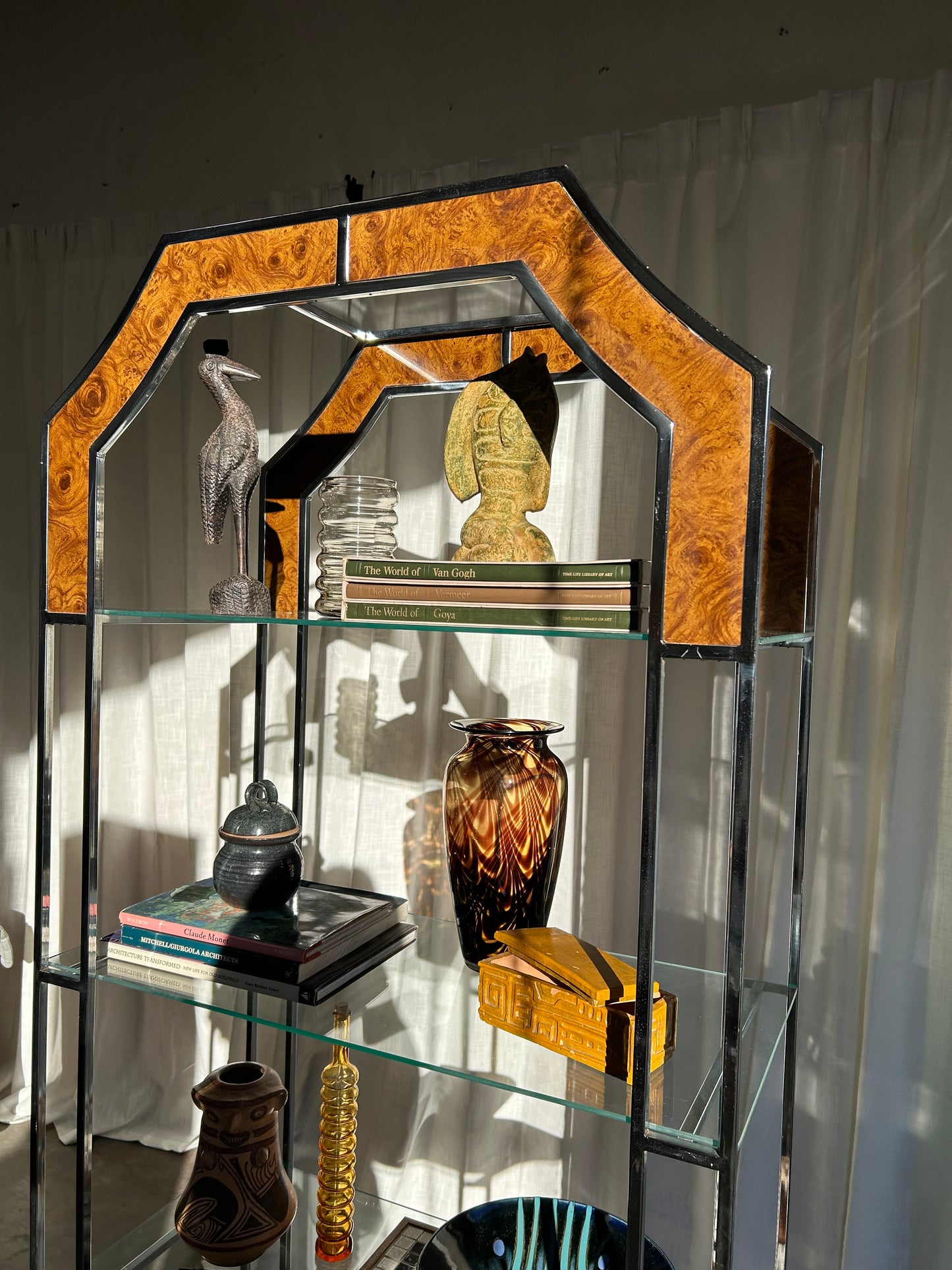 Modernist Era Baughman Style Chrome and Burl 4-Shelf Etagere, Circa 1970s